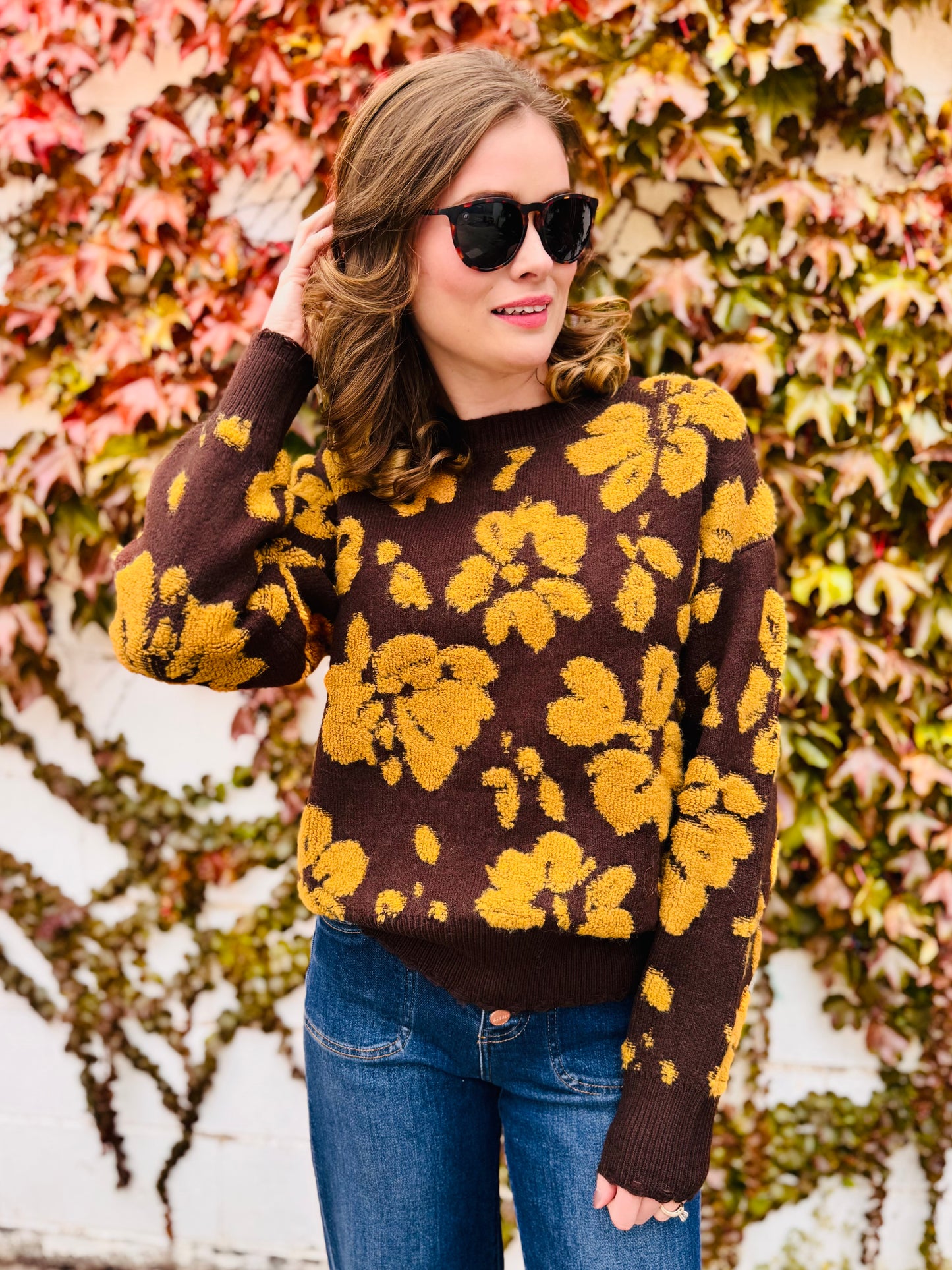 Floral Distressed Crewneck Terry Knit Sweater