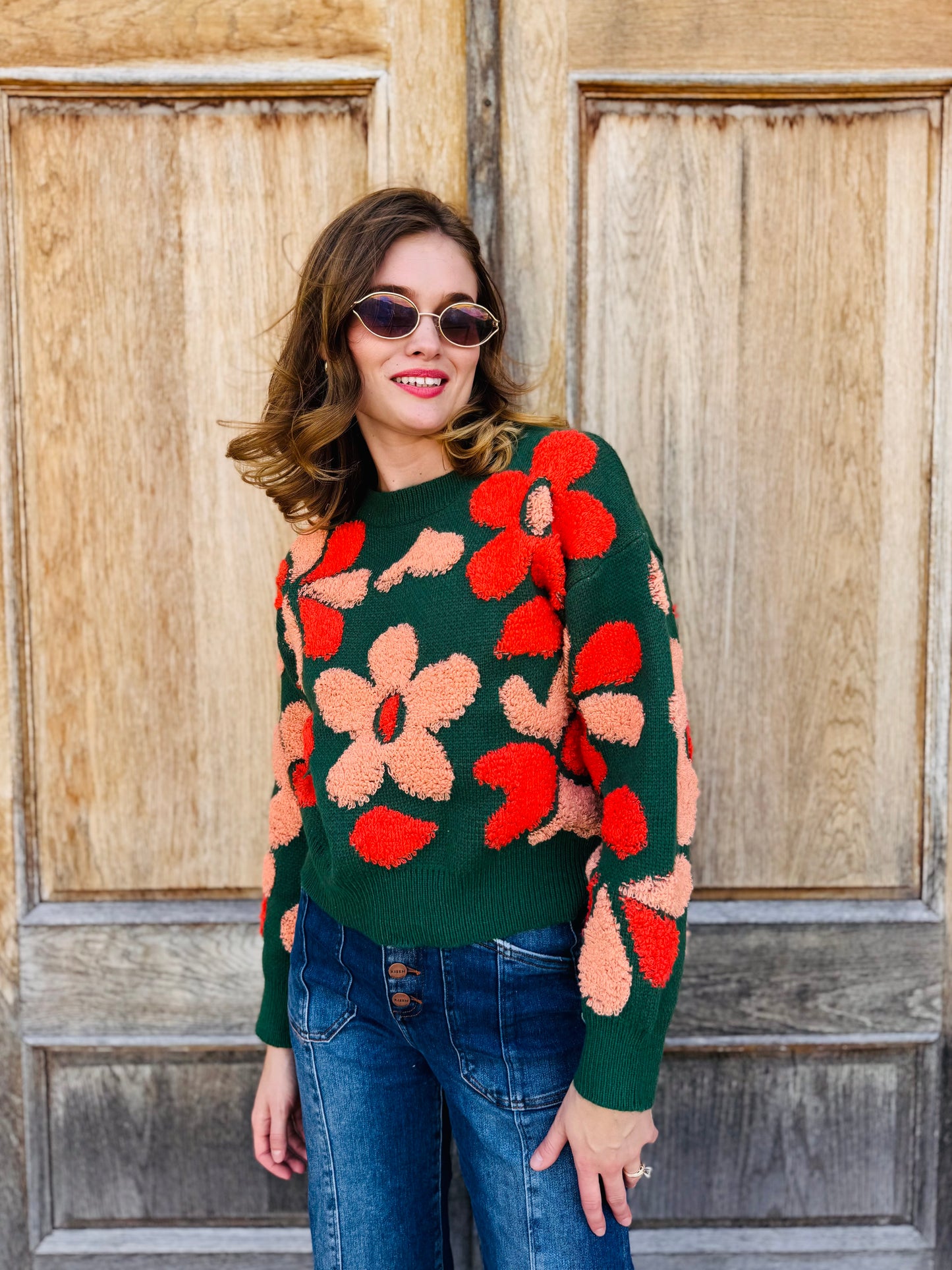 Fuzzy Floral Print Sweater - Dreamers