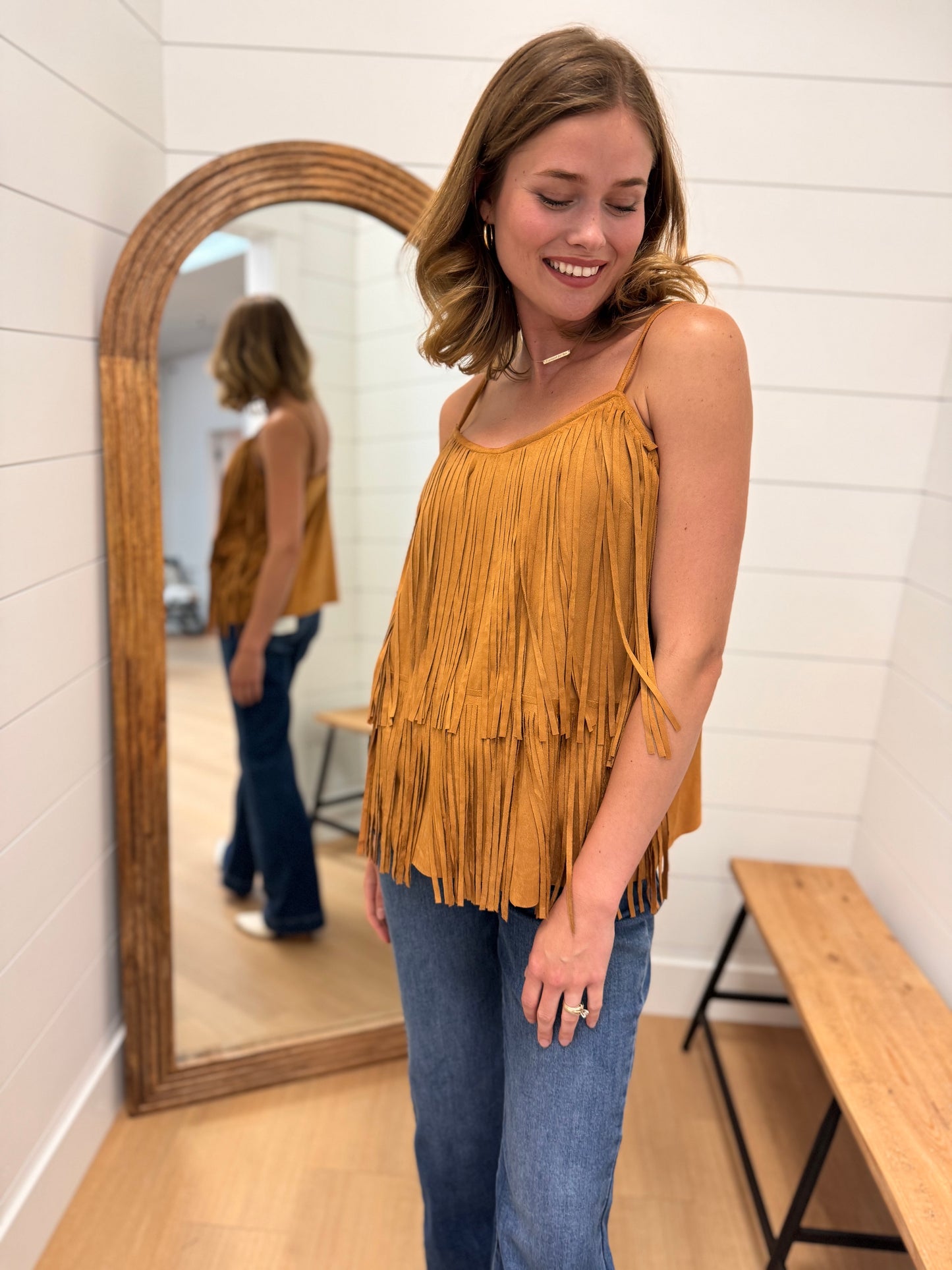 Layered Fringe Single Strap Suede Shirt - Camel SM-3XL