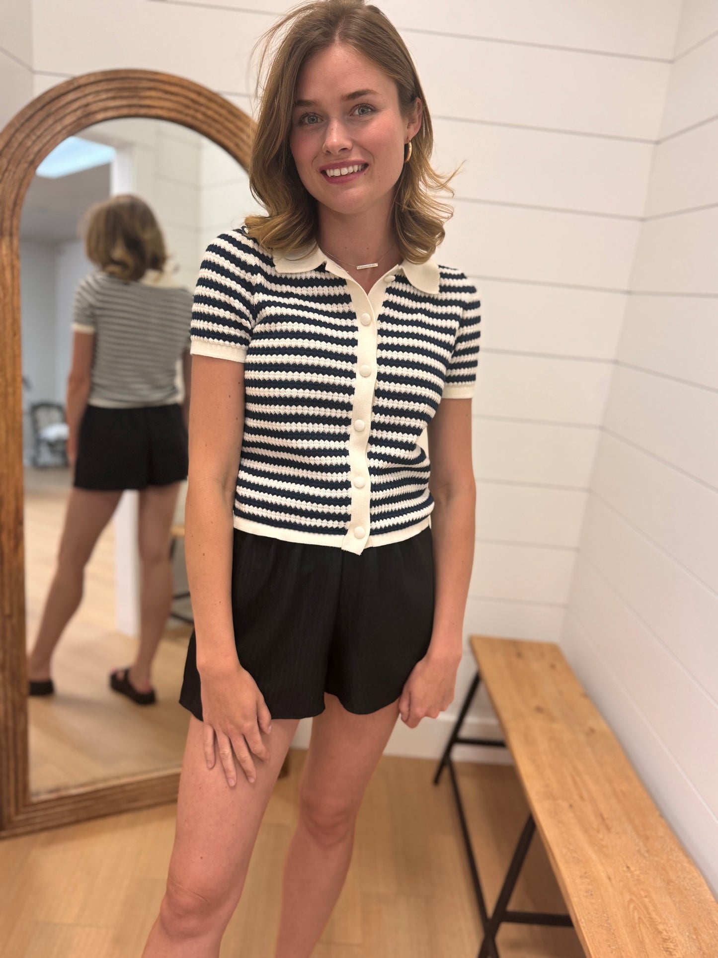 Stripe Short Sleeve Cropped Knit Cardigan