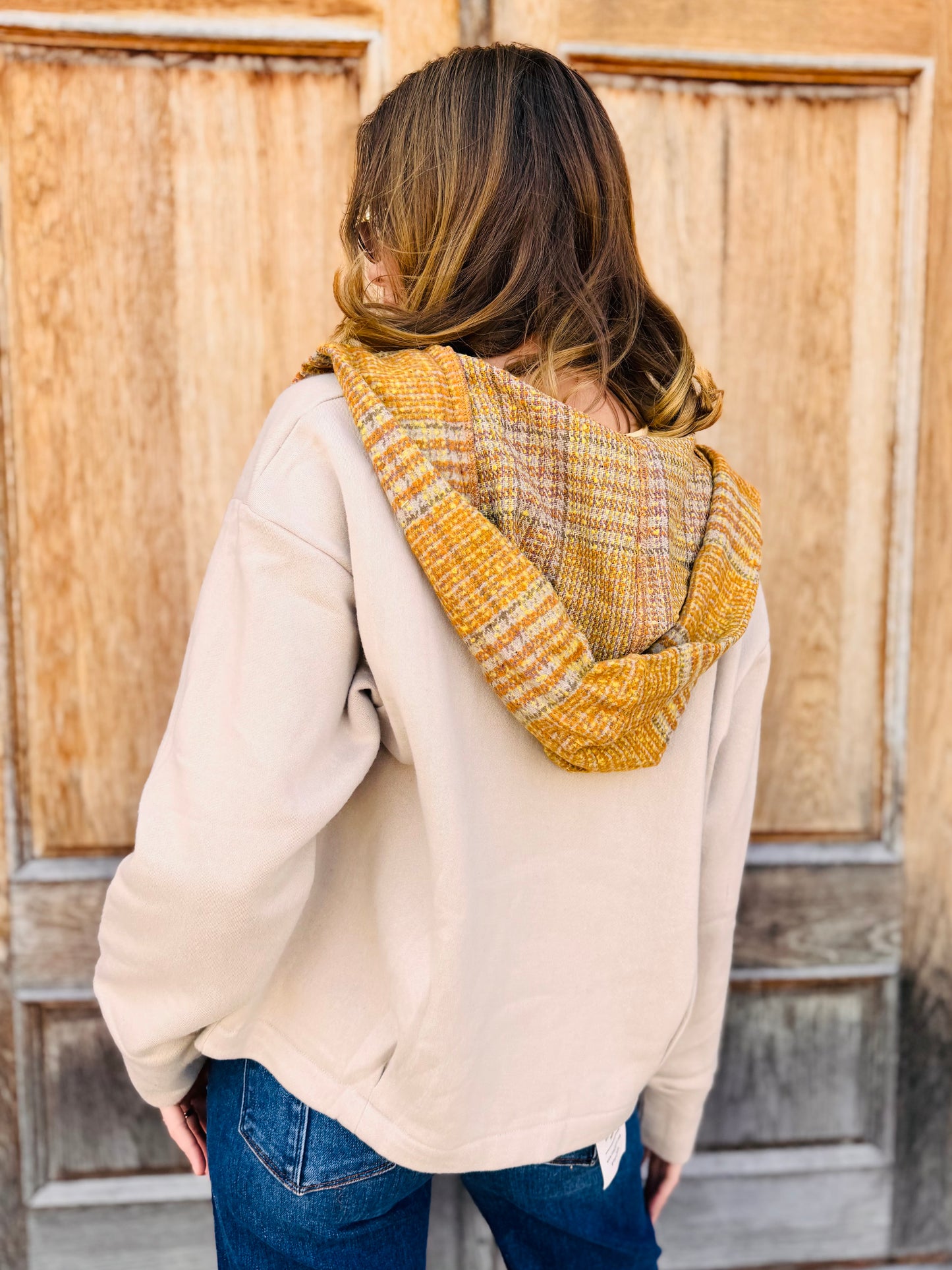 Open Front Pockets Plaid Hooded Cardigan