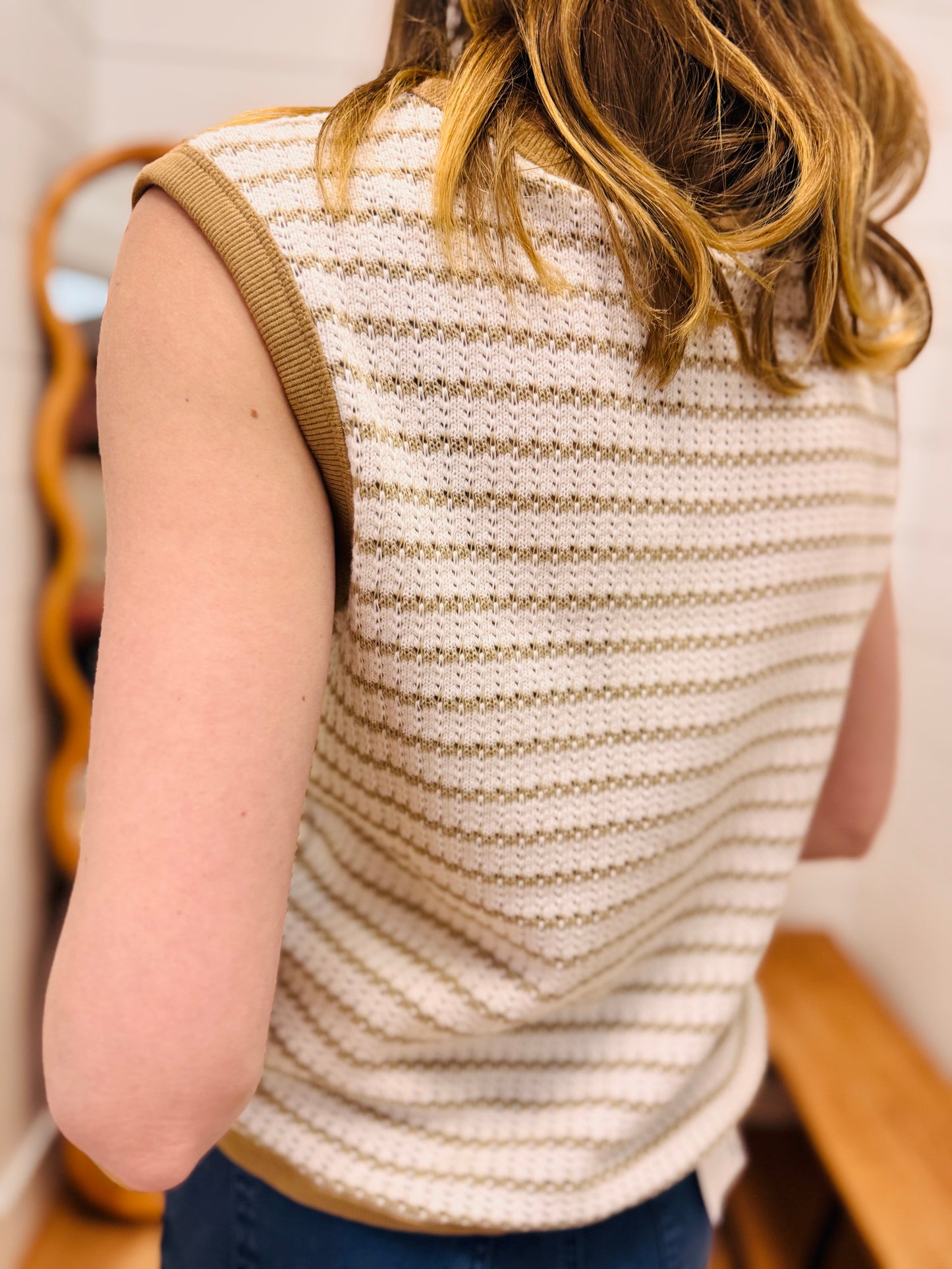 Stripe Knit Button Down Top - Tan