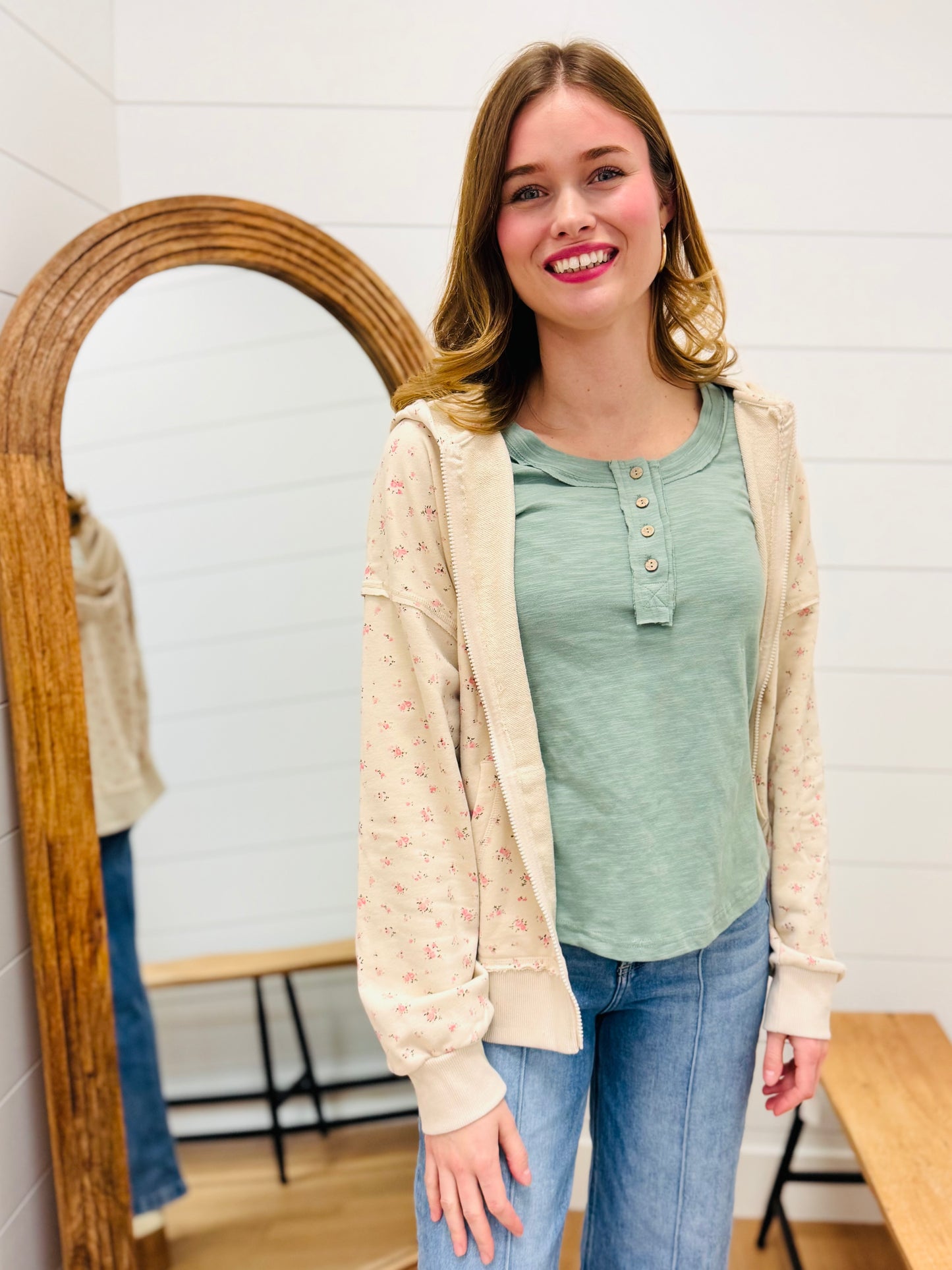 Zip Front Floral Hoodie