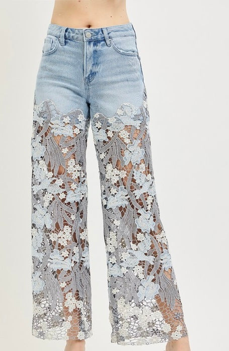 High Rise Wide Crop Lace Risen Denim