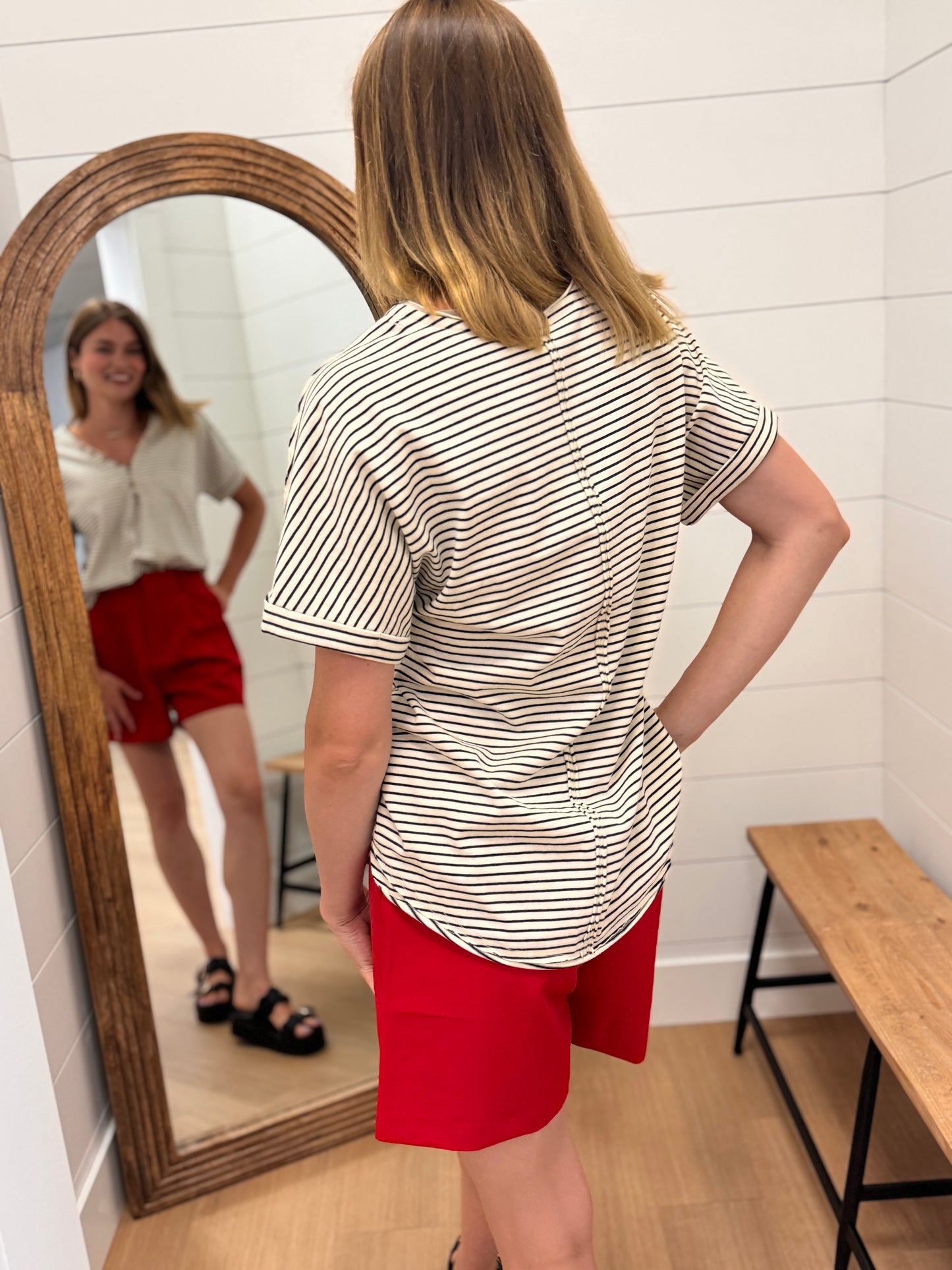 Ivory & Black V Neck Top with Button detail