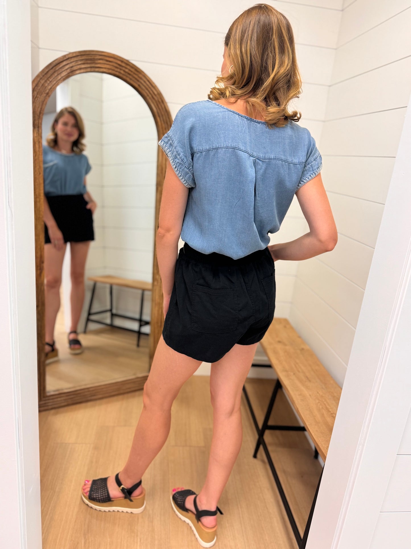 Chambray Top with Embroidered Trim