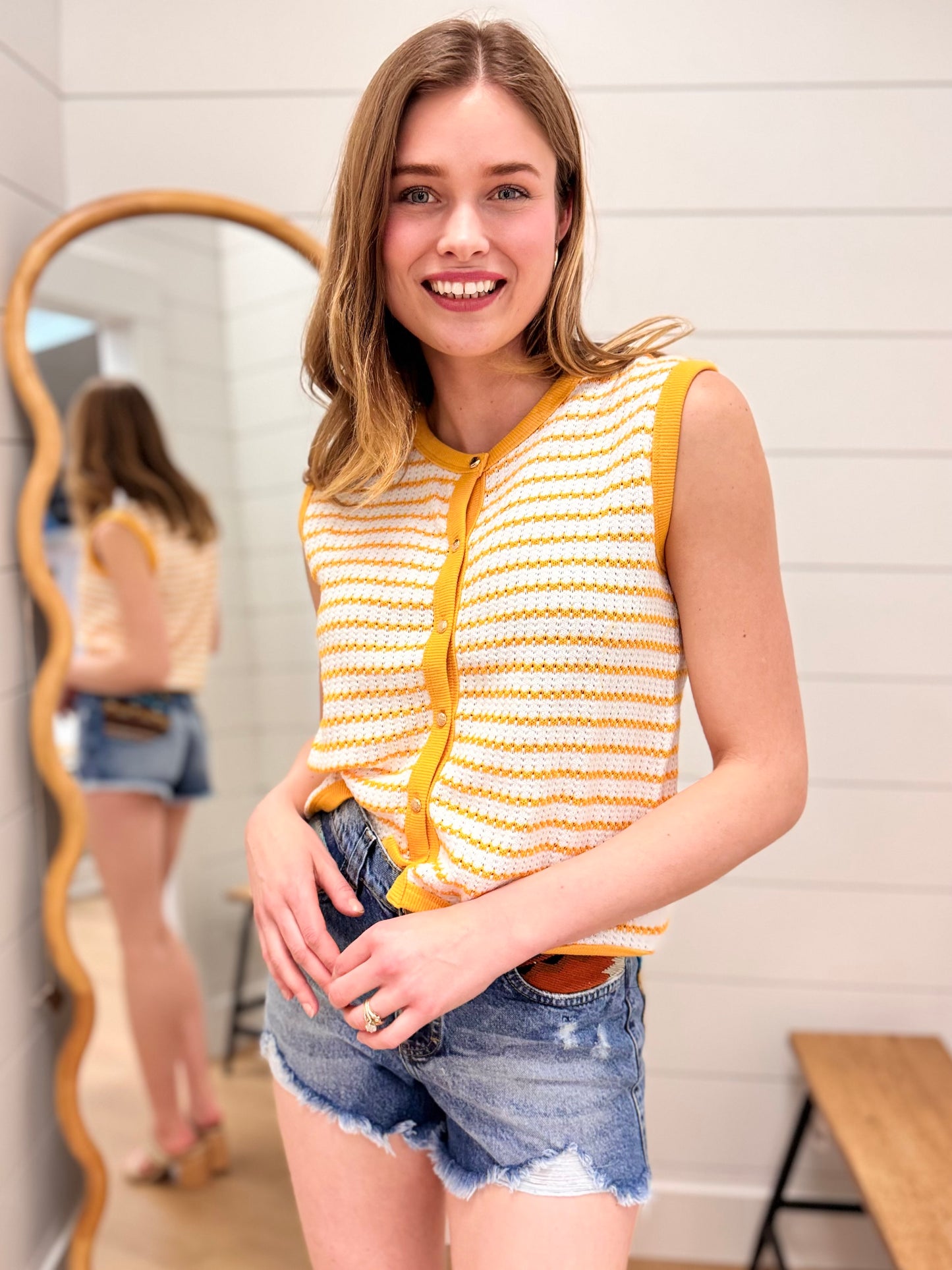 Stripe Knit Button Down Top - Mustard