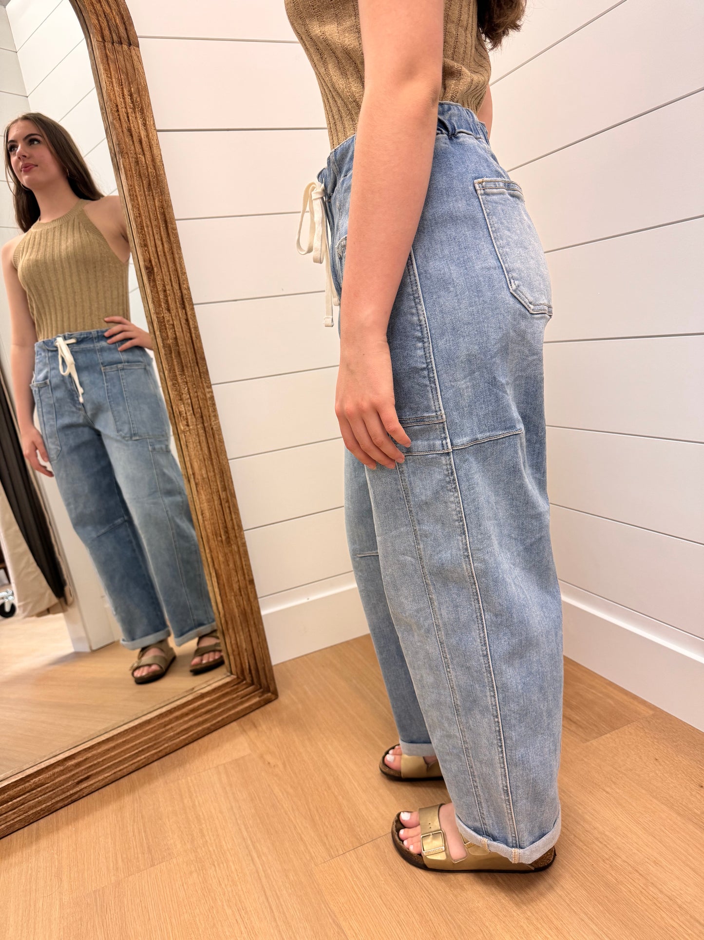 High Rise Barrel Jeans with Tie Waist - Risen
