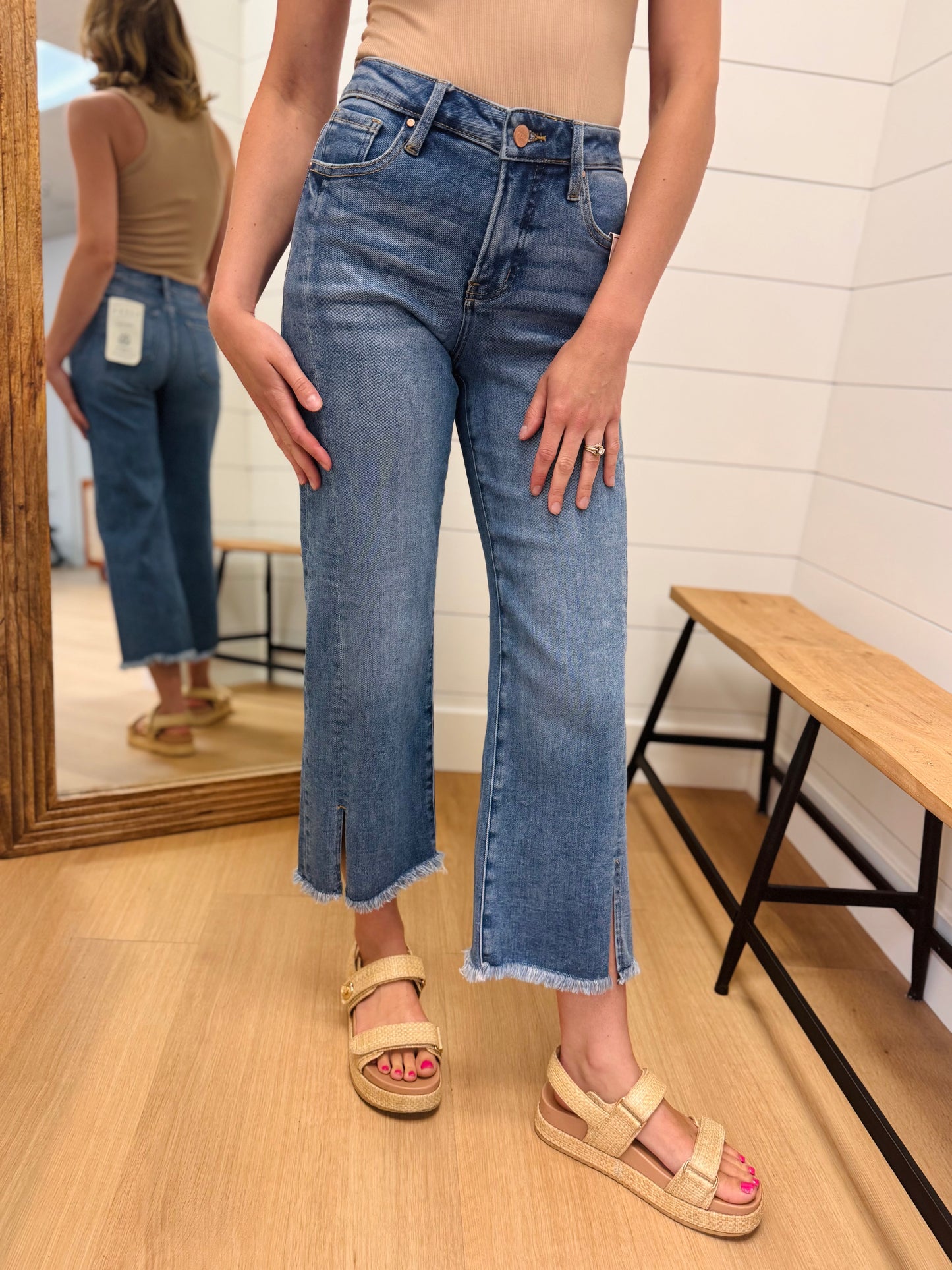 Medium Wash Crop Jean with Front Slit - Risen