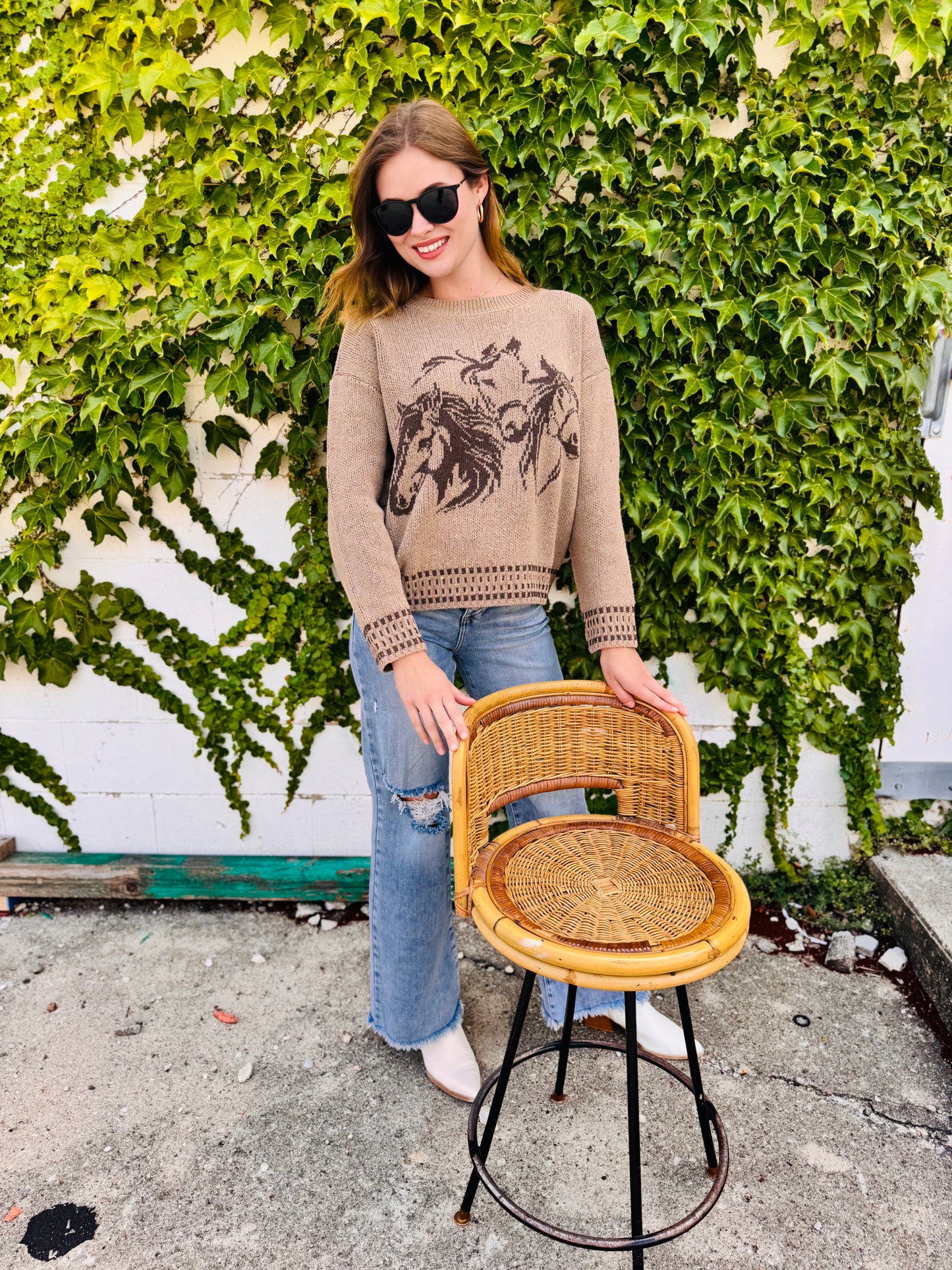 Horse Jacquard Long Sleeve Knit Sweater