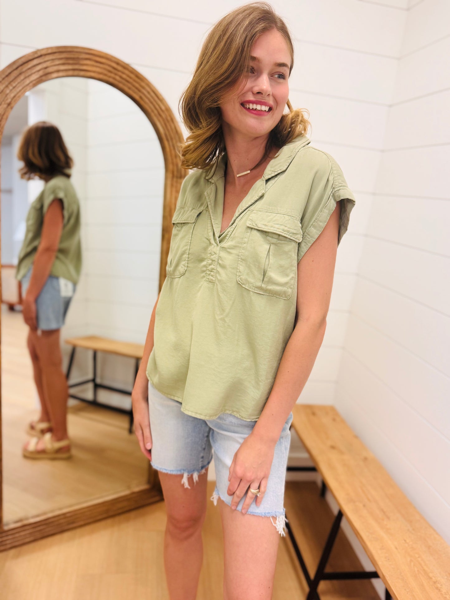 Olive Top with Front Pockets