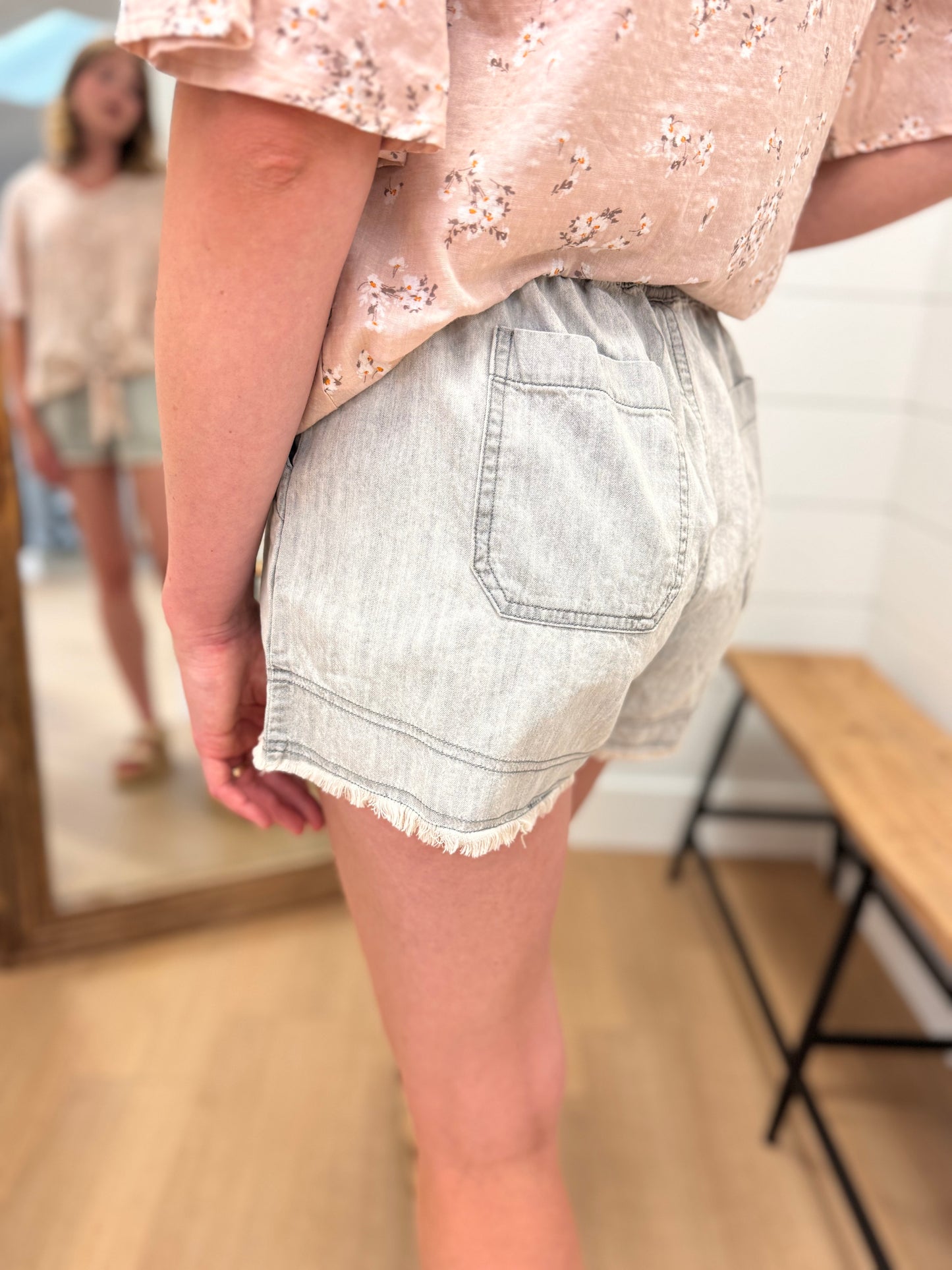 Washed Grey Shorts with Elastic Waist