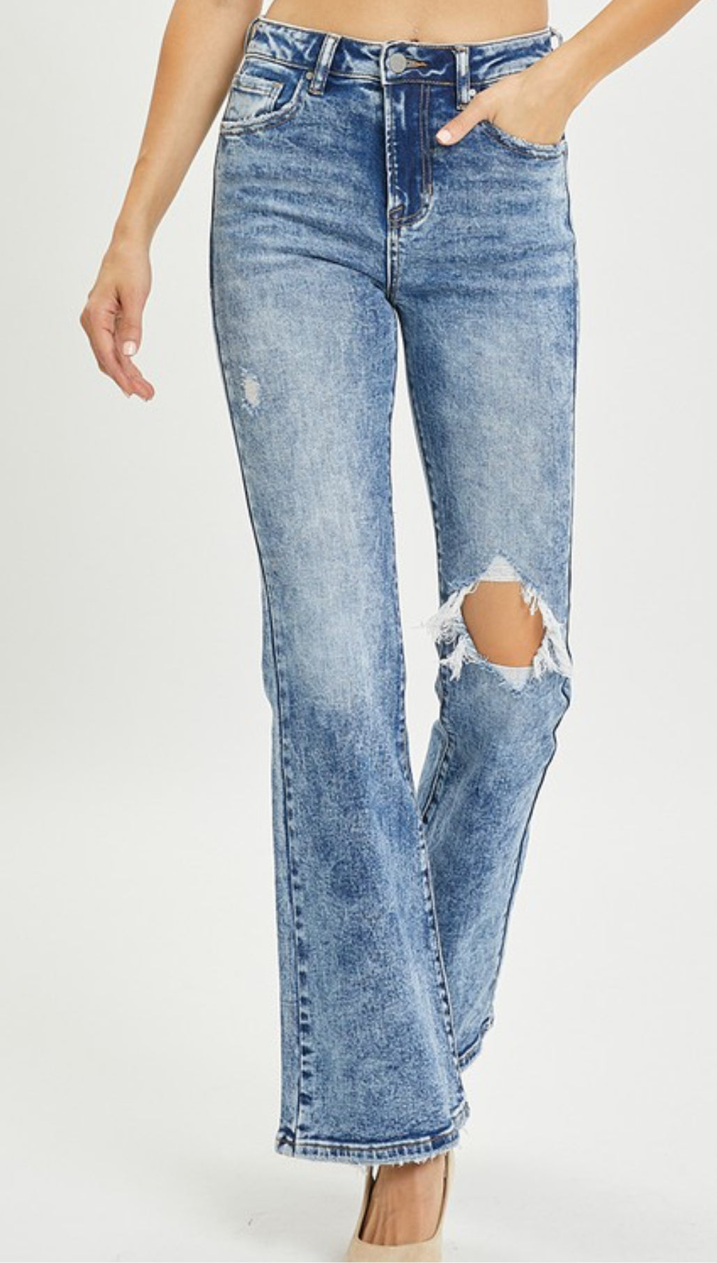 High Rise Knee Distressed Flare Jeans - Risen