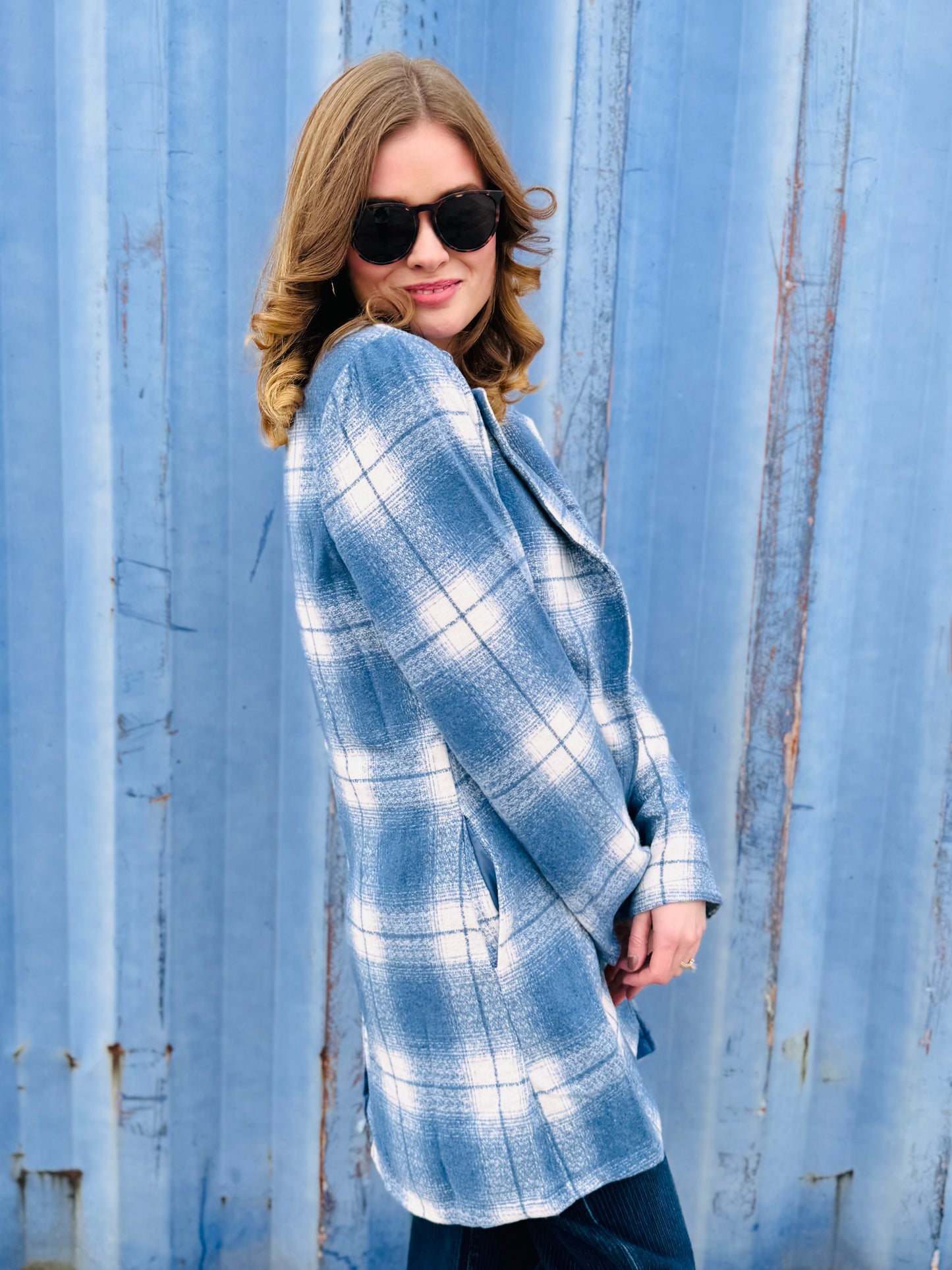 Blue Check Brush Oversized Coat