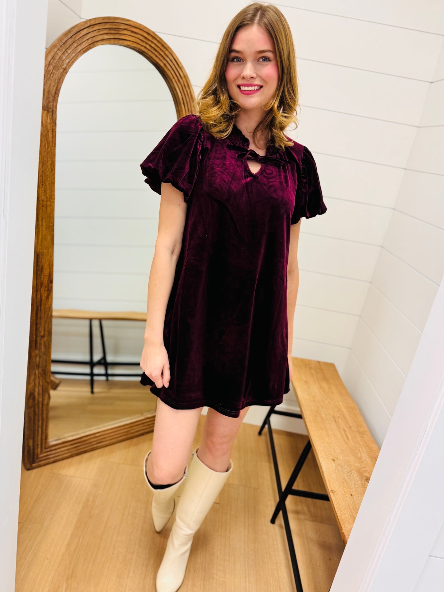 Puff Sleeve Velvet Holiday Mini Dress