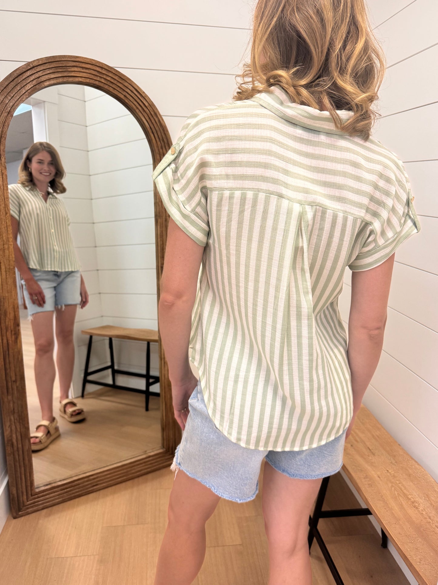 Stripe + Tab Sleeve Button Down Shirt