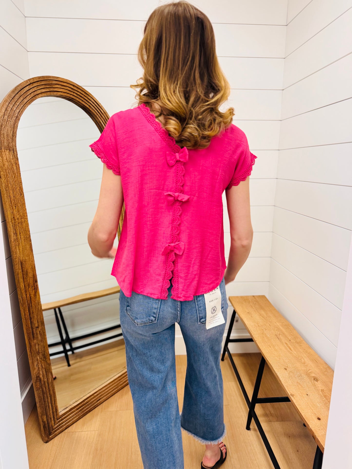 Lace Trim Back Bow Detail Short Sleeve Blouse