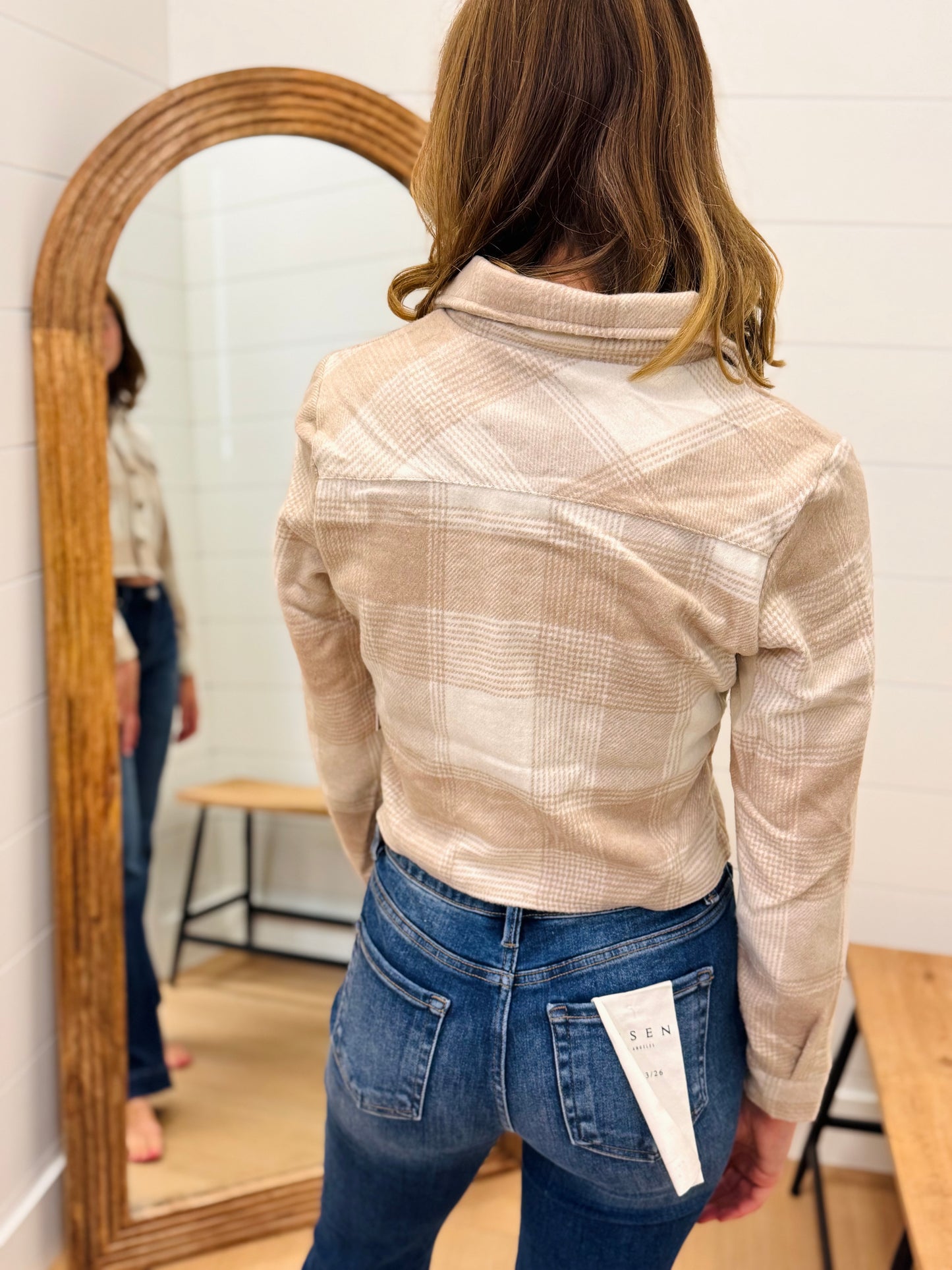 Cropped Casual Plaid flannel Jacket - Cream + Taupe