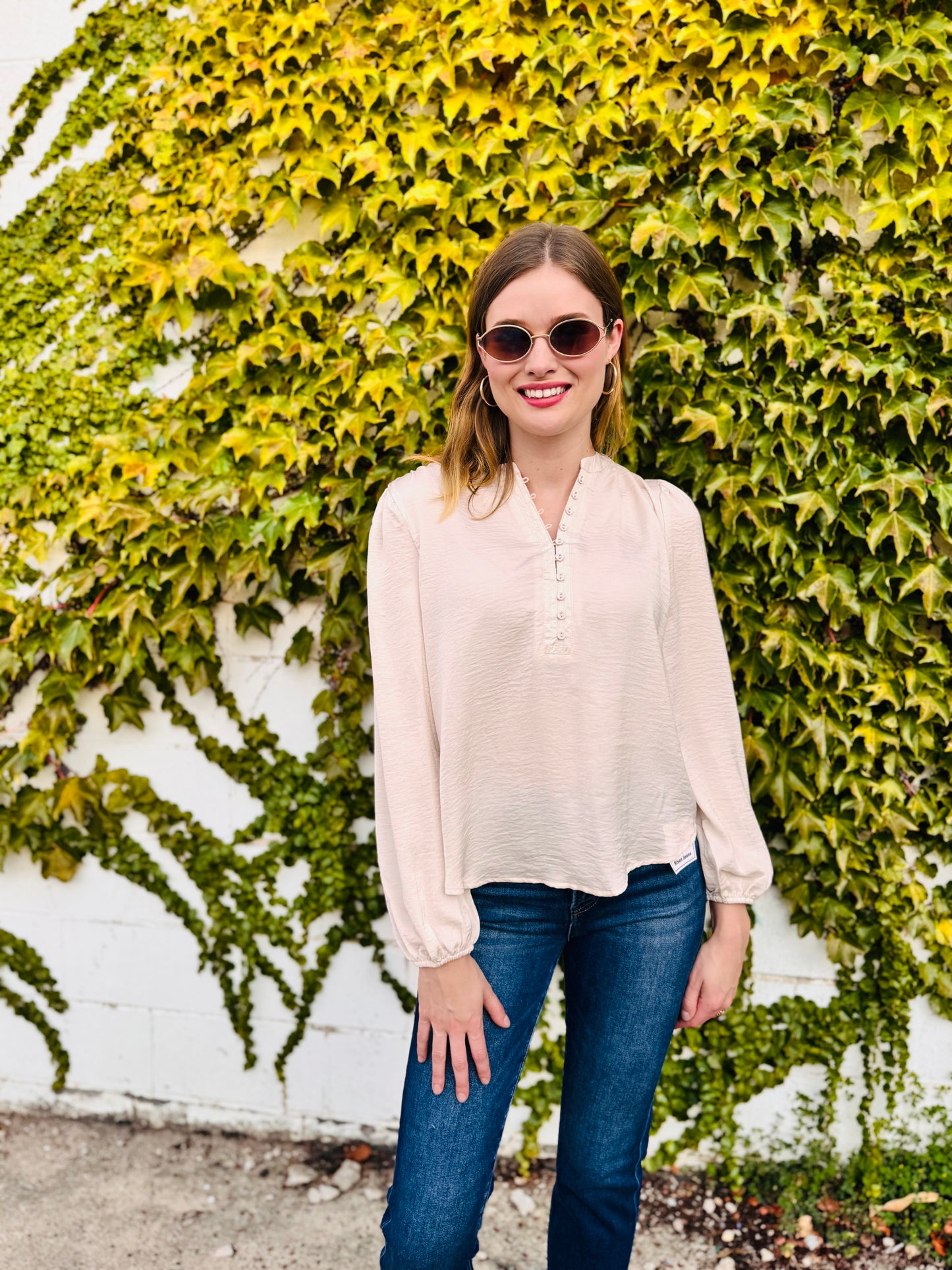Textured Satin Half Button Long Sleeve Blouse