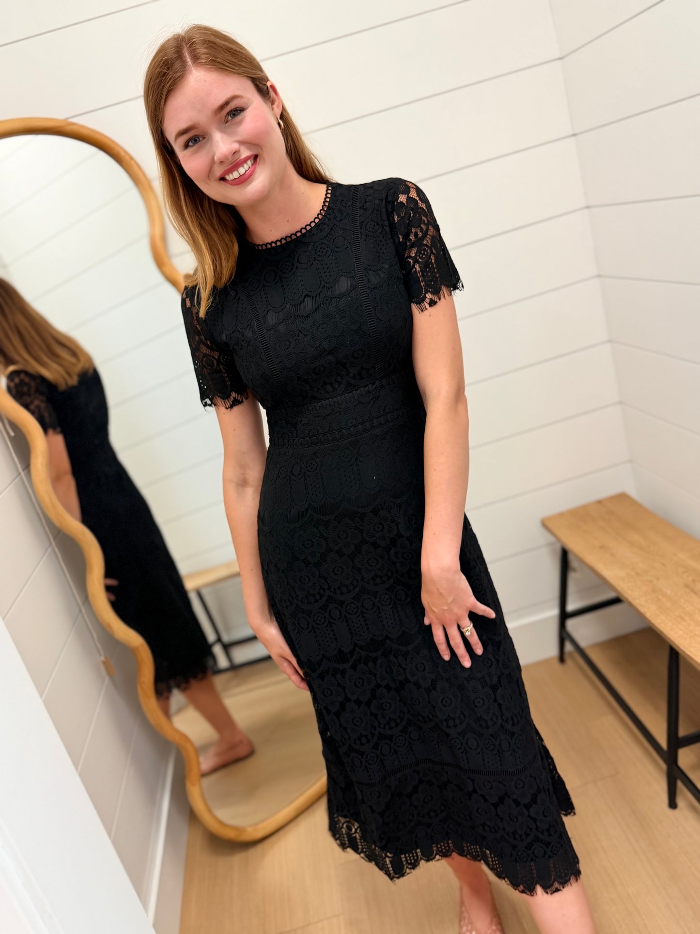 Lace Scalloped Short Sleeve Midi Dress