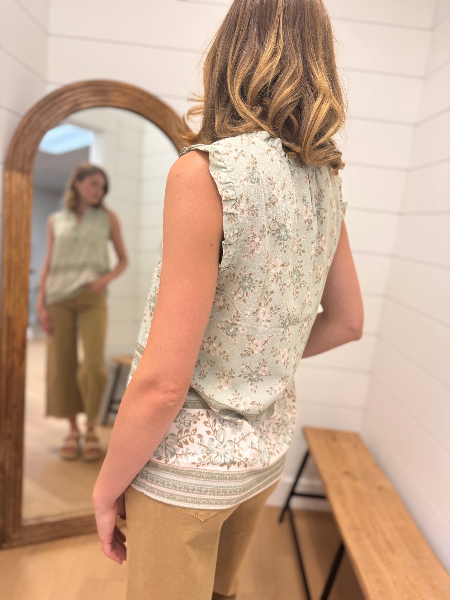 Split Neck Floral Top with Lettuce Trim