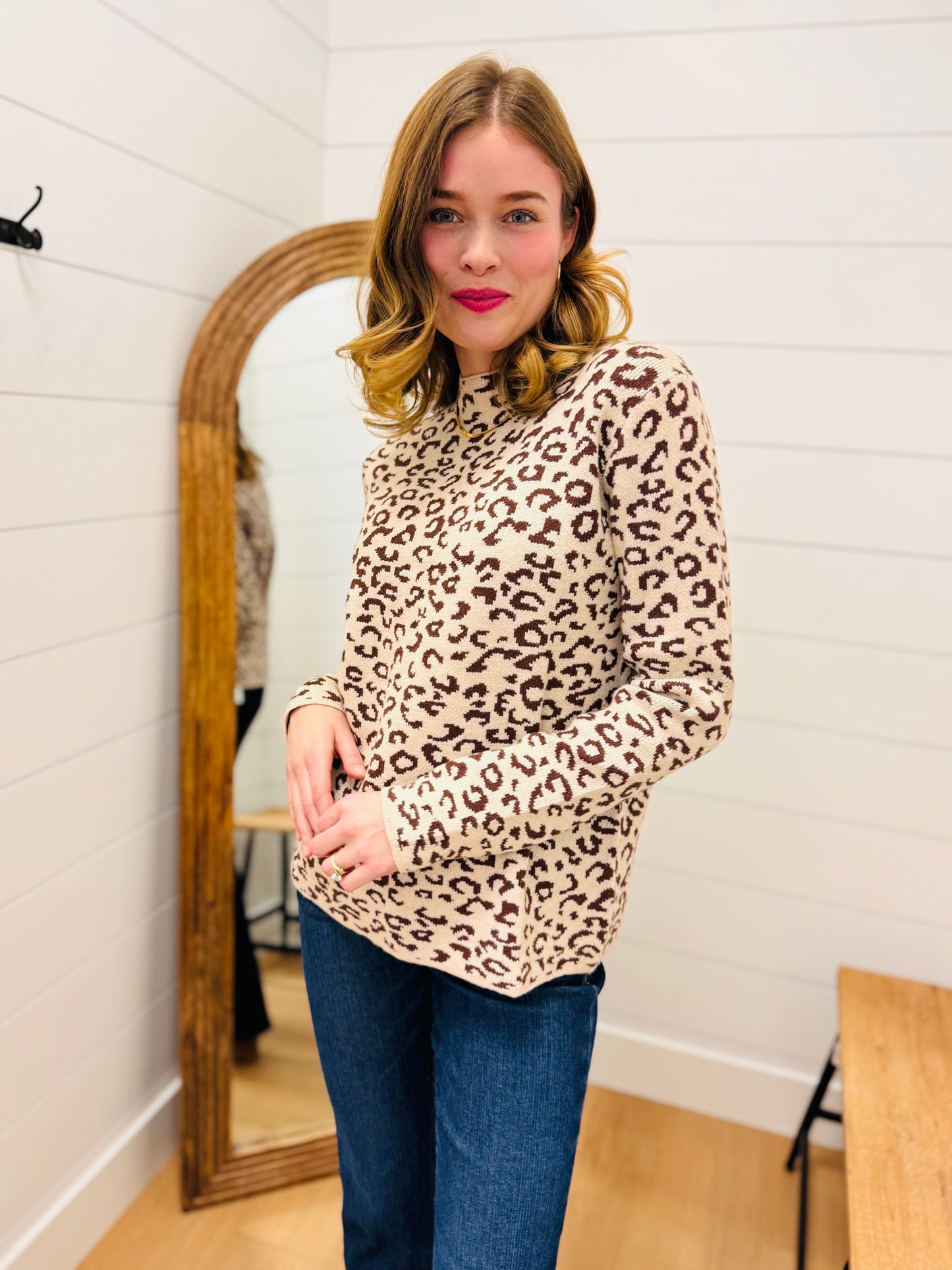Leopard Print Mock Neck Knit Sweater