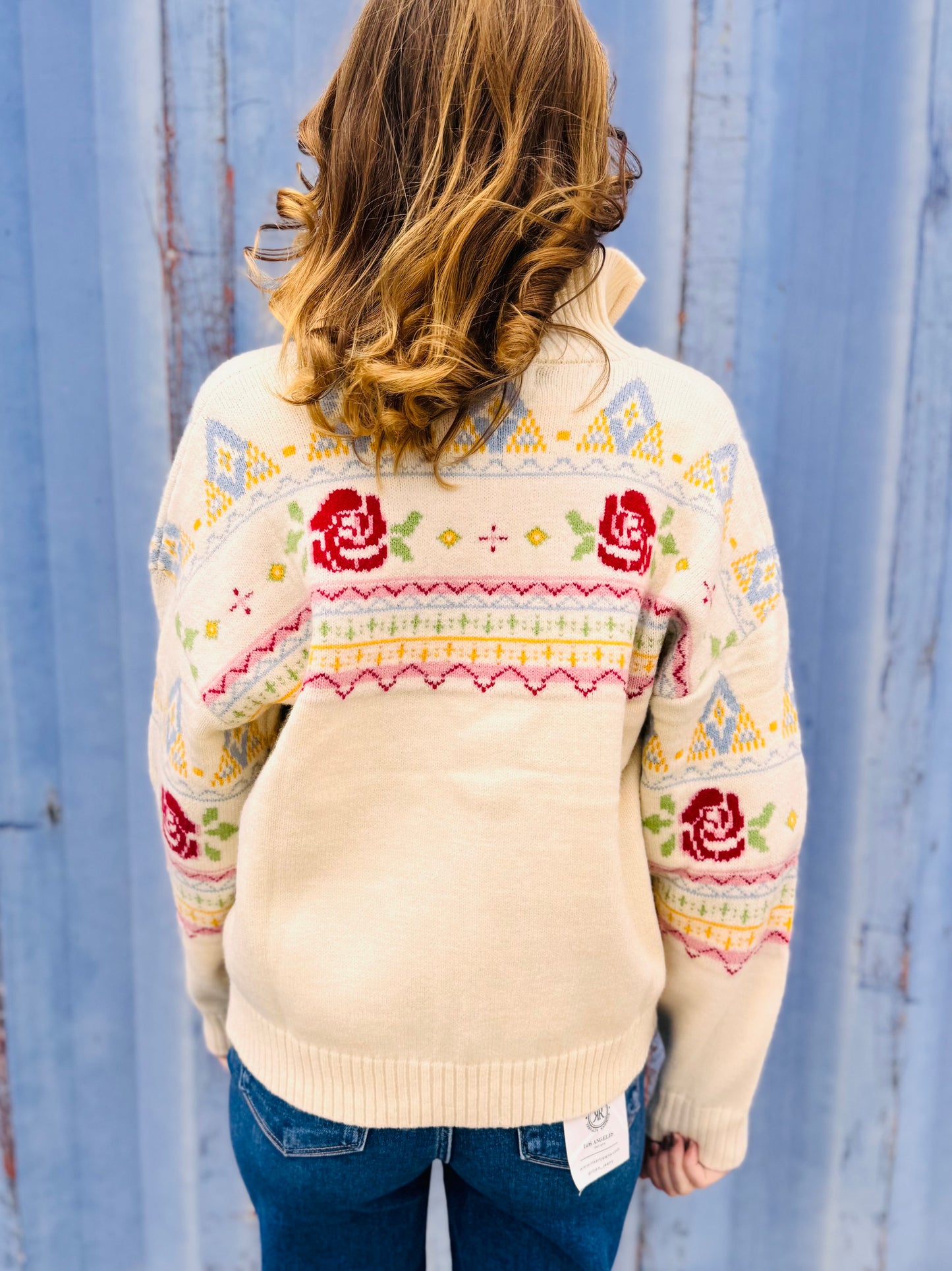 Rose Fair Isle Half Zip Knit Pullover Sweater