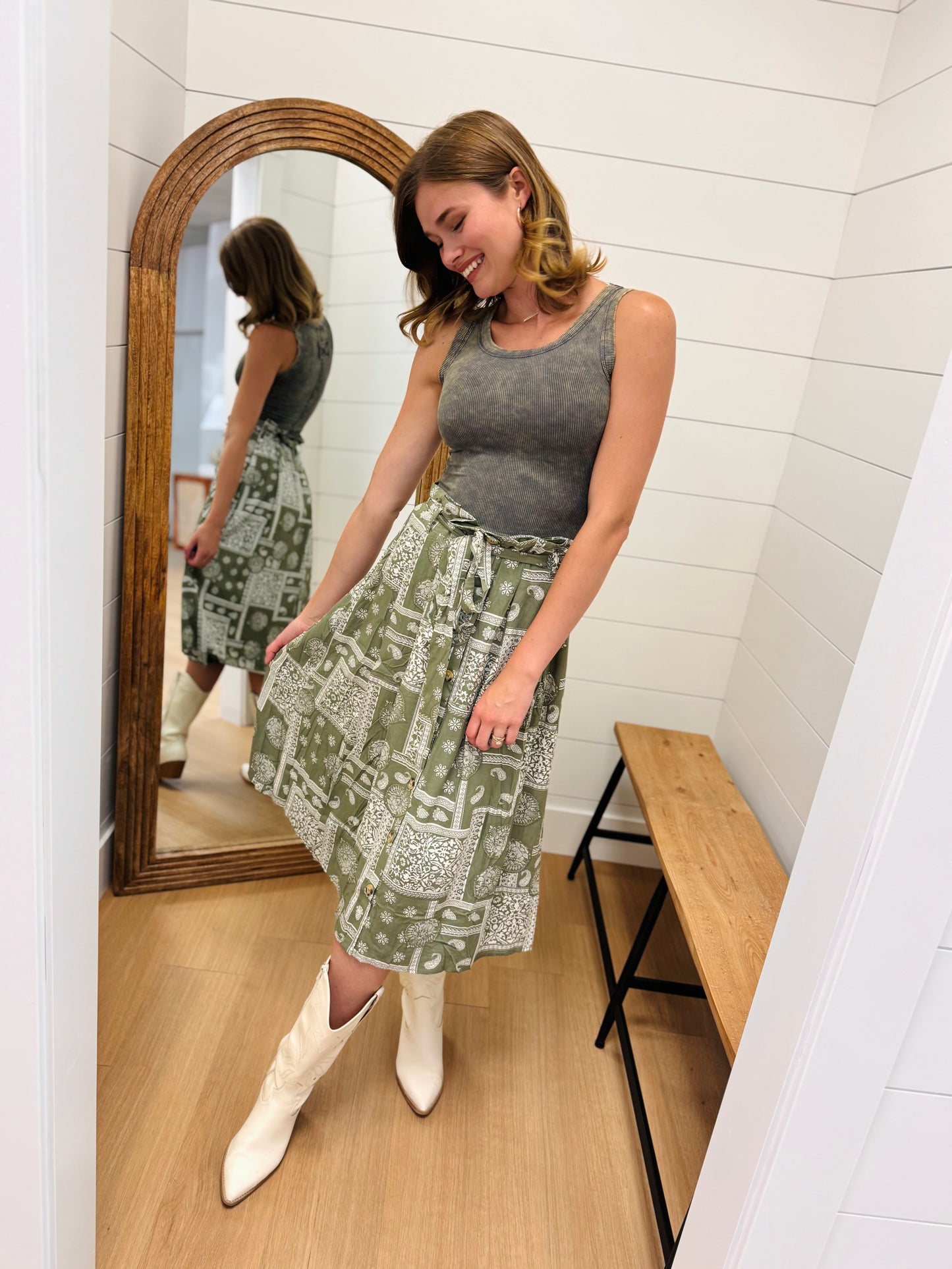 Olive Paisley Print Midi Skirt