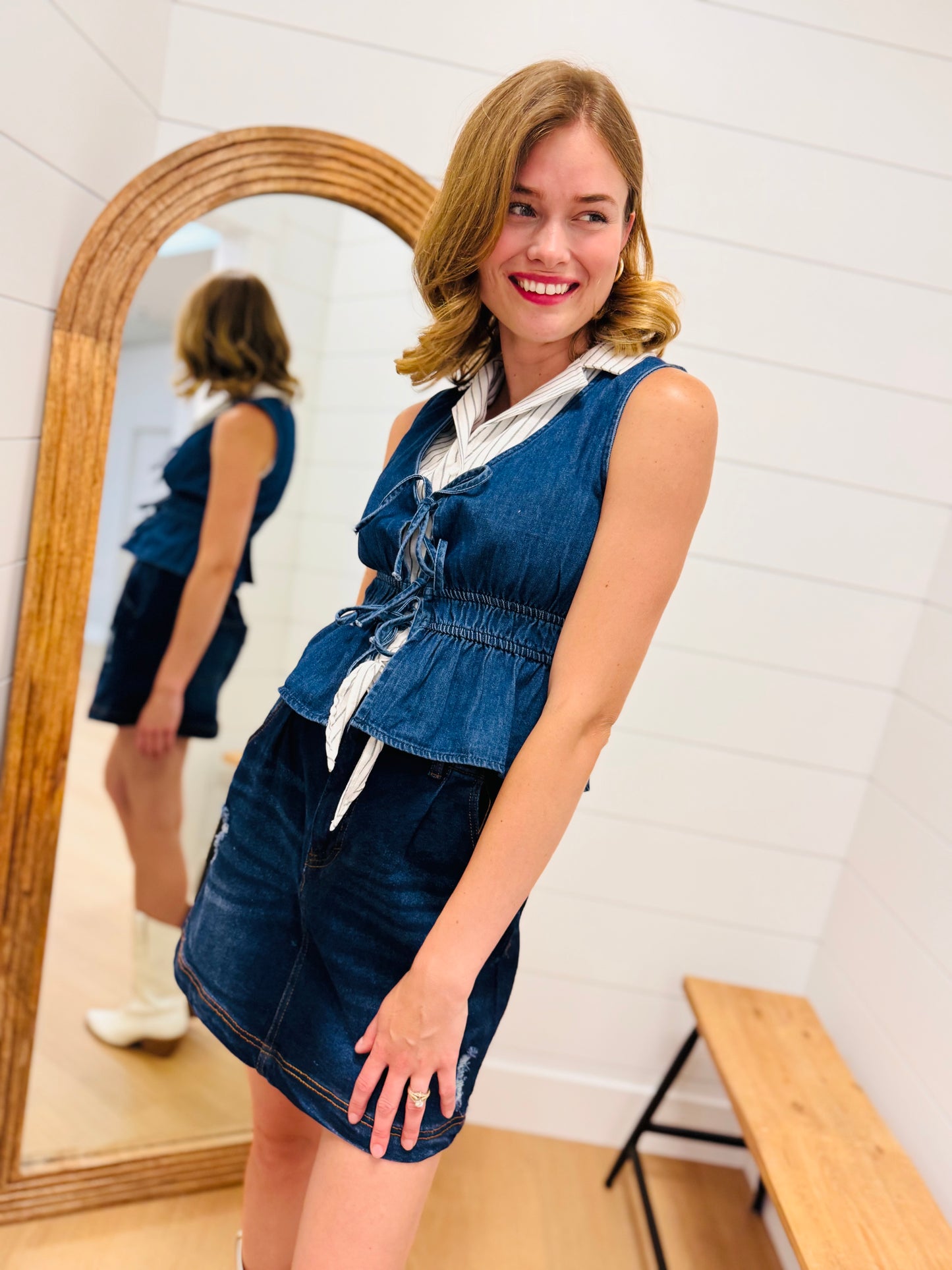 Scoop Neck Front Tie Denim Vest
