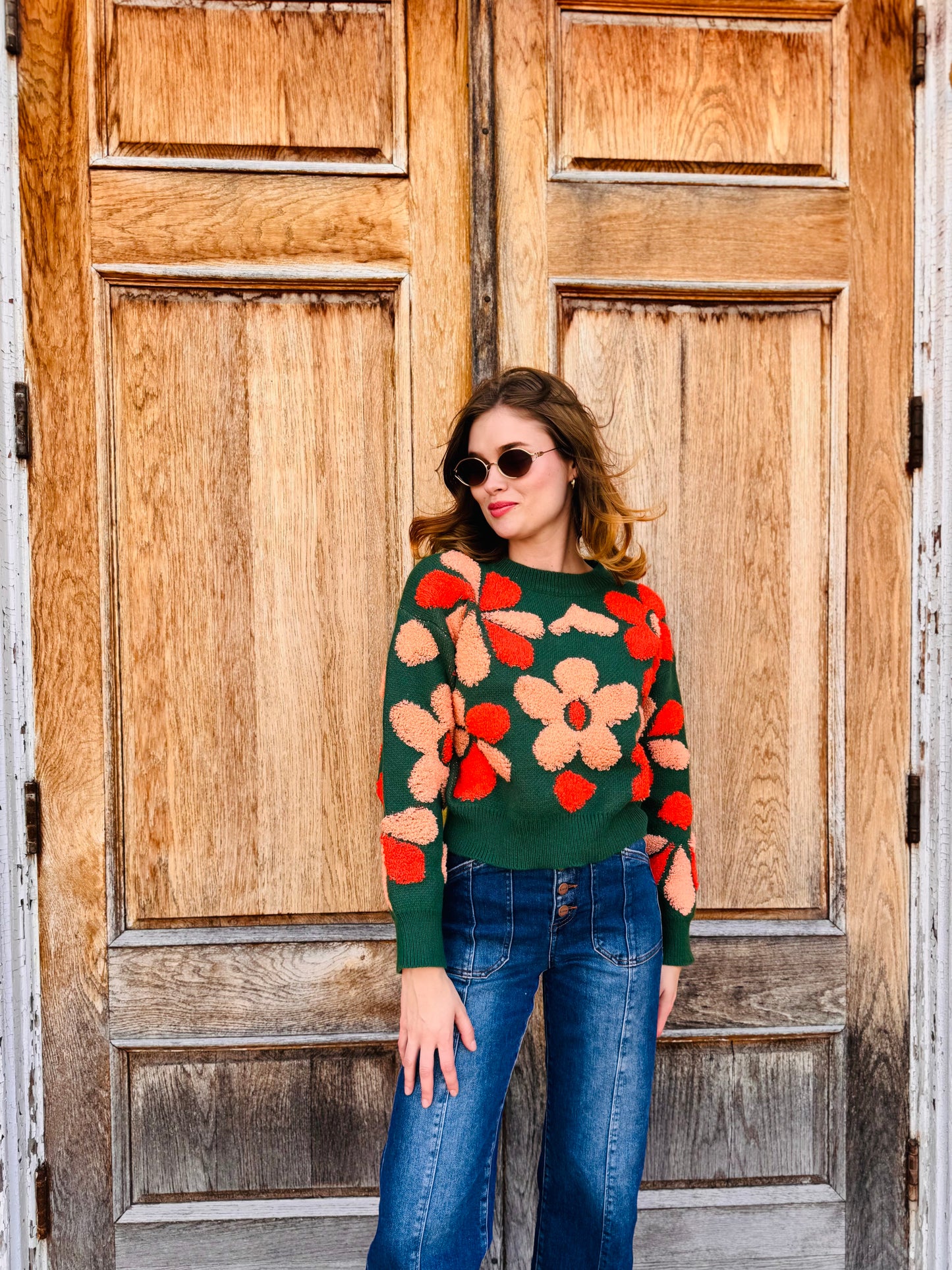 Fuzzy Floral Print Sweater - Dreamers