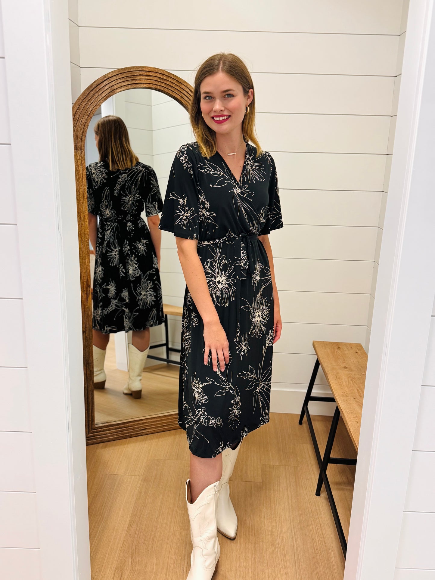 Classic Black Wrap Dress with White Floral