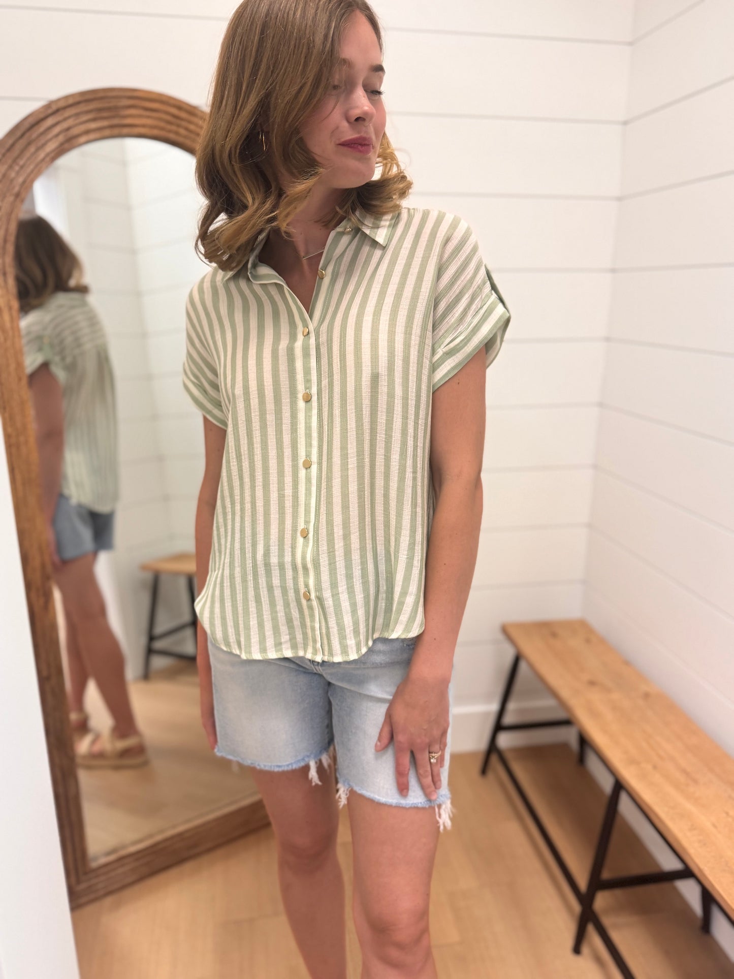 Stripe + Tab Sleeve Button Down Shirt