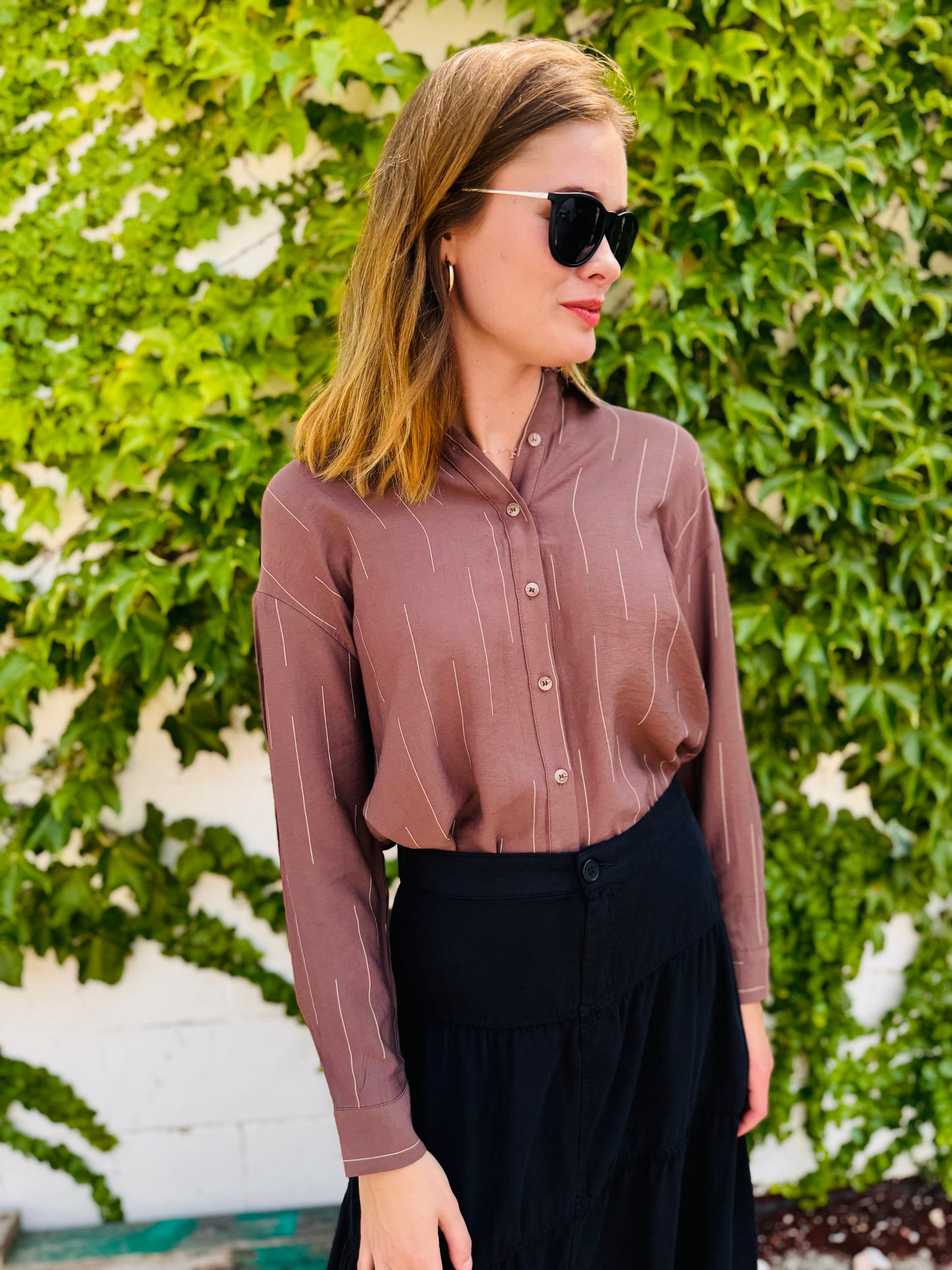 Line Pattern Collared Long Sleeve Button Down