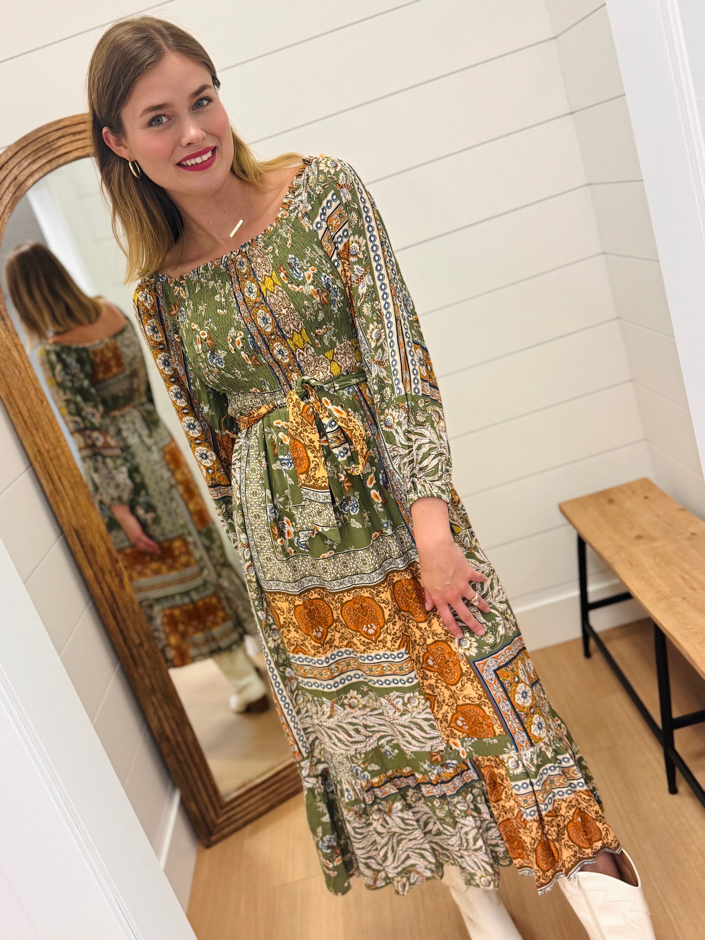 Printed Olive Mix Midi Dress