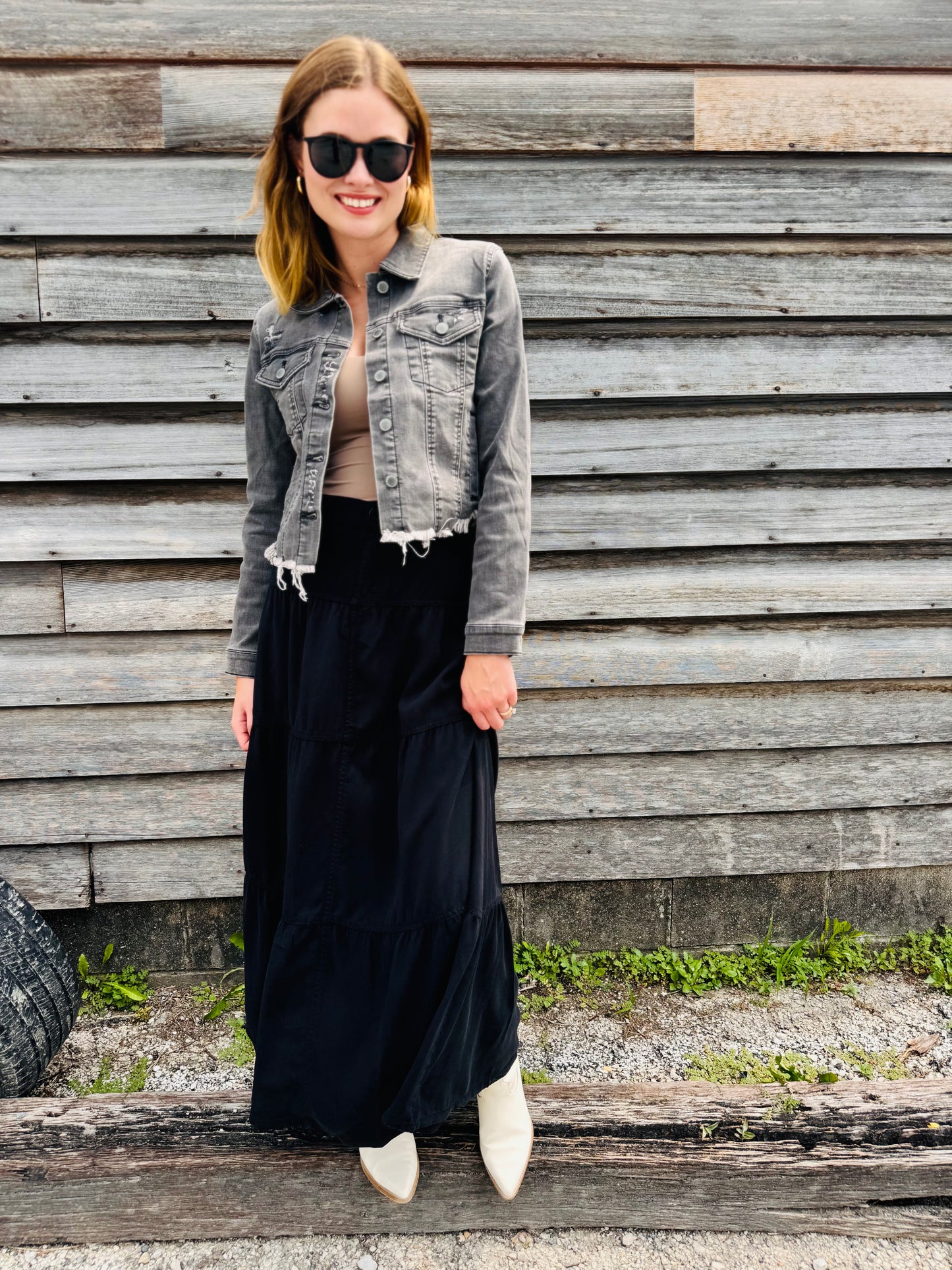 Frayed Hem Grey Washed Jacket - Risen