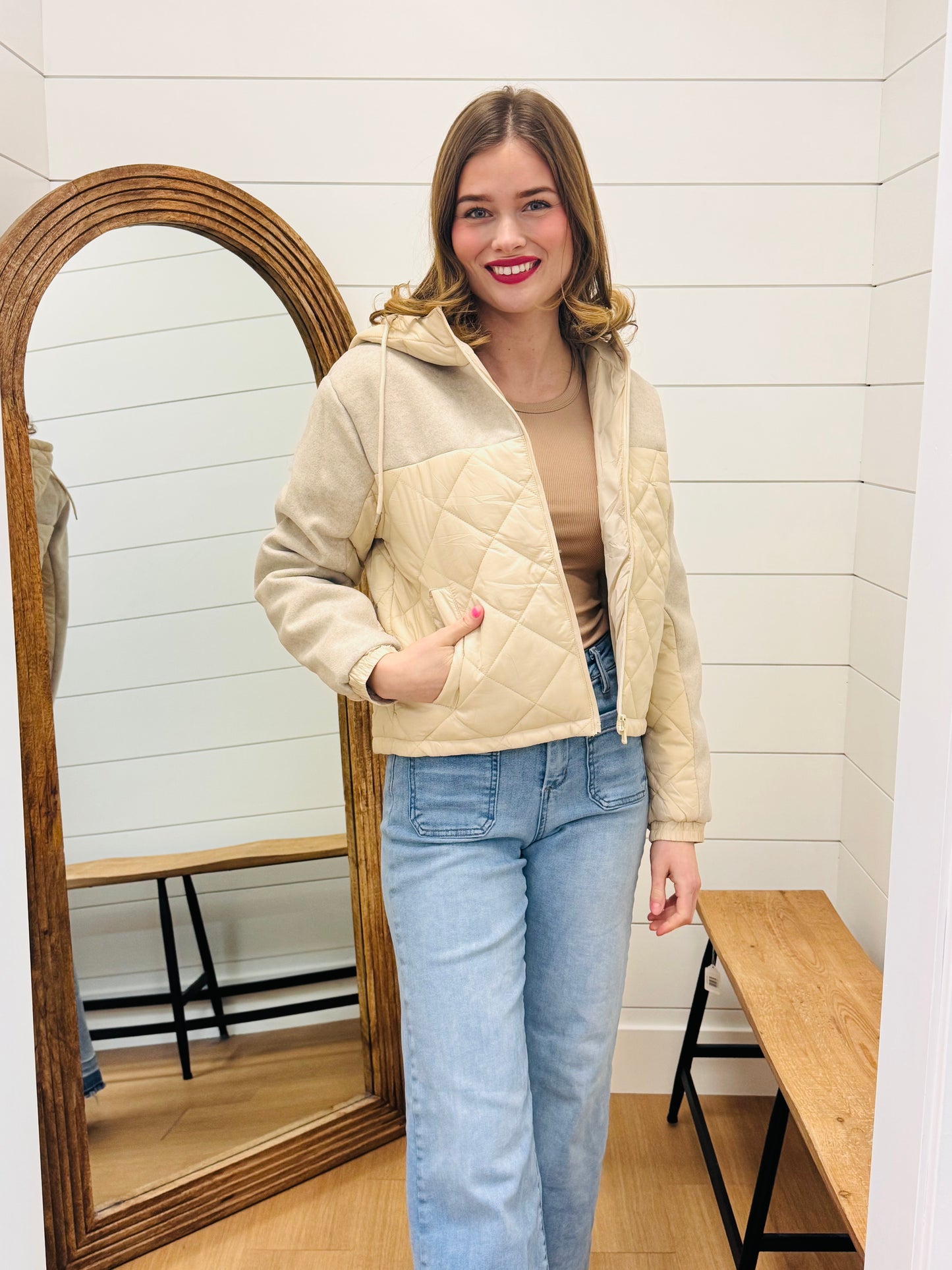 Contrasting Quilted And Soft Hoodie Jacket