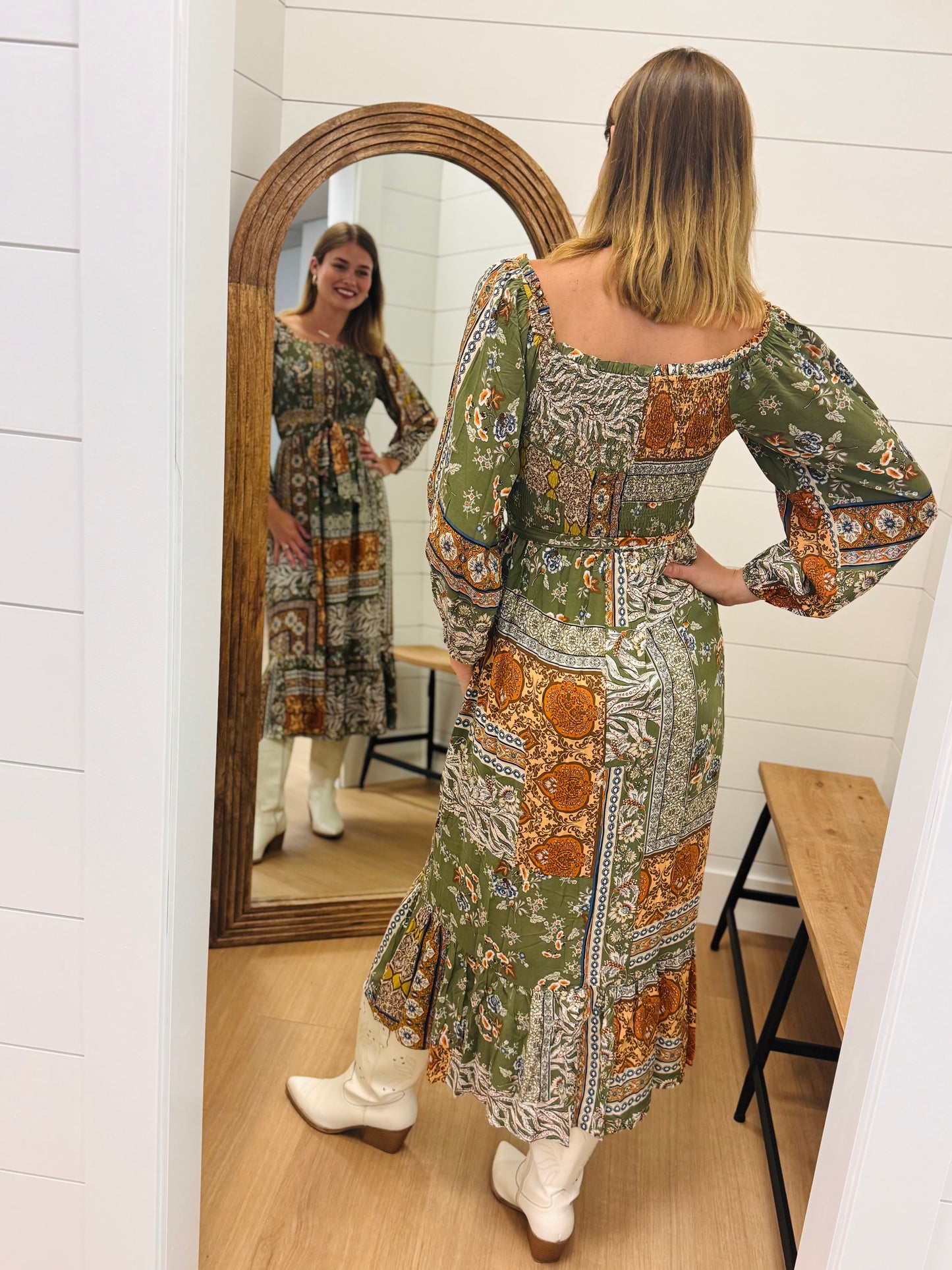 Printed Olive Mix Midi Dress