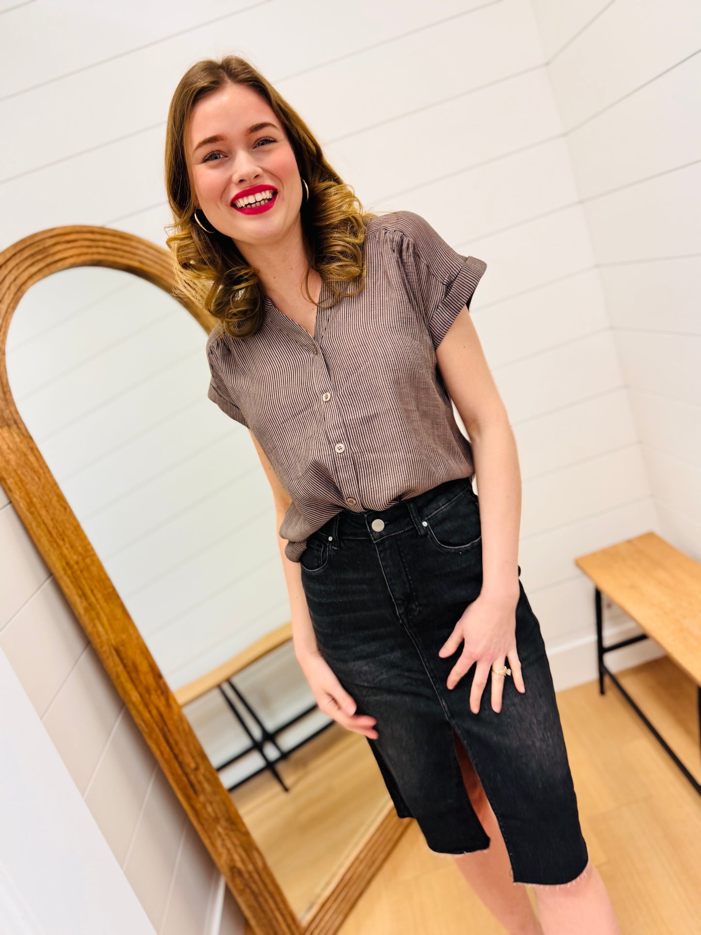 Pinstripe Short Cuff Sleeve Button Down Shirt