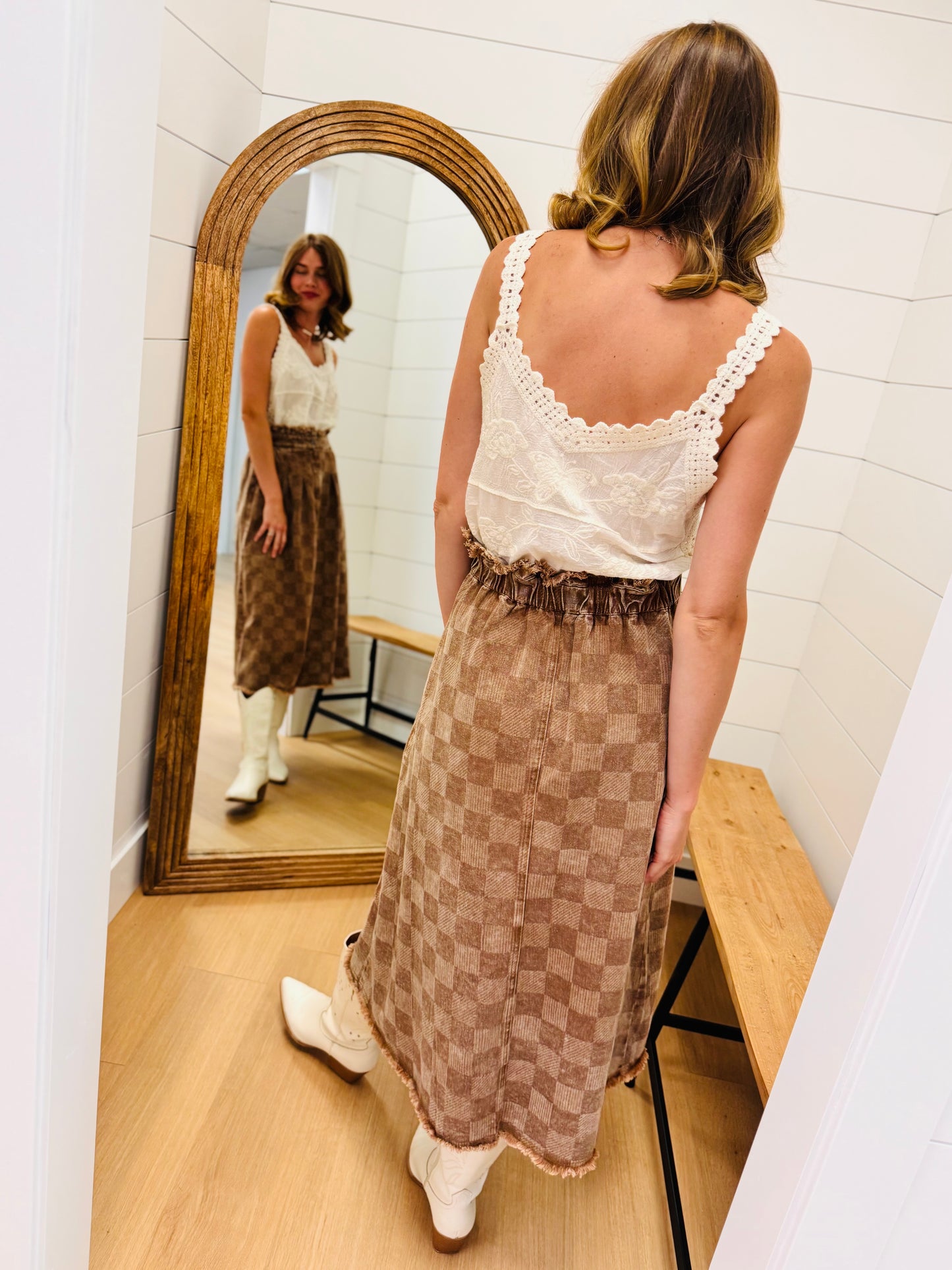 Brown Check Midi Skirt with Elastic Waist