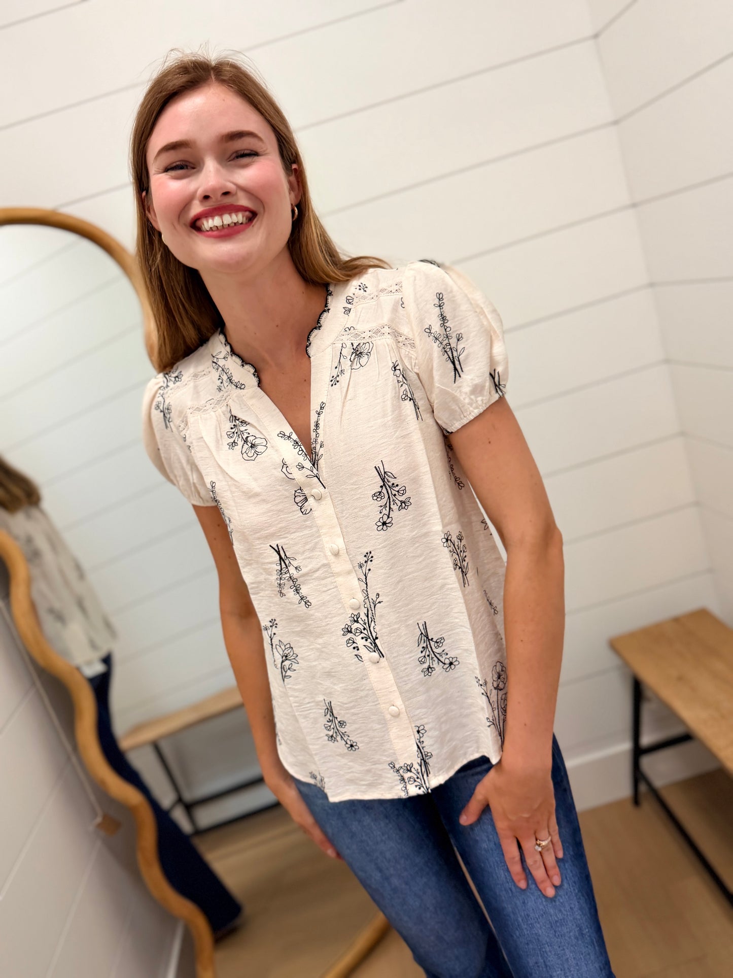 Floral Line Print Split Neck Button Down Linen Top