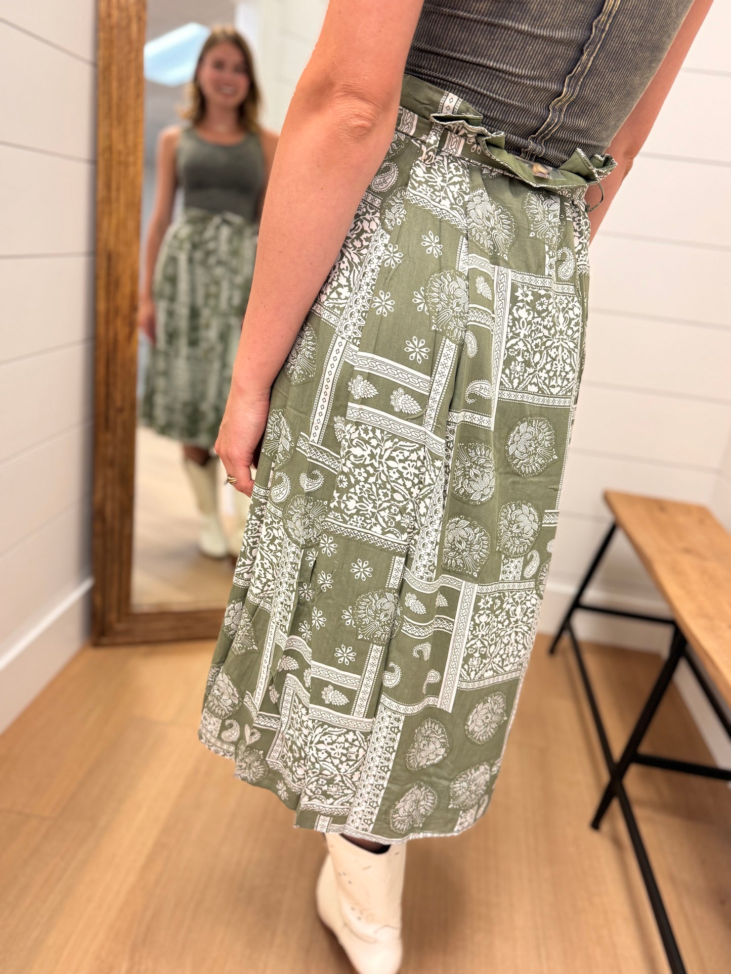 Olive Paisley Print Midi Skirt