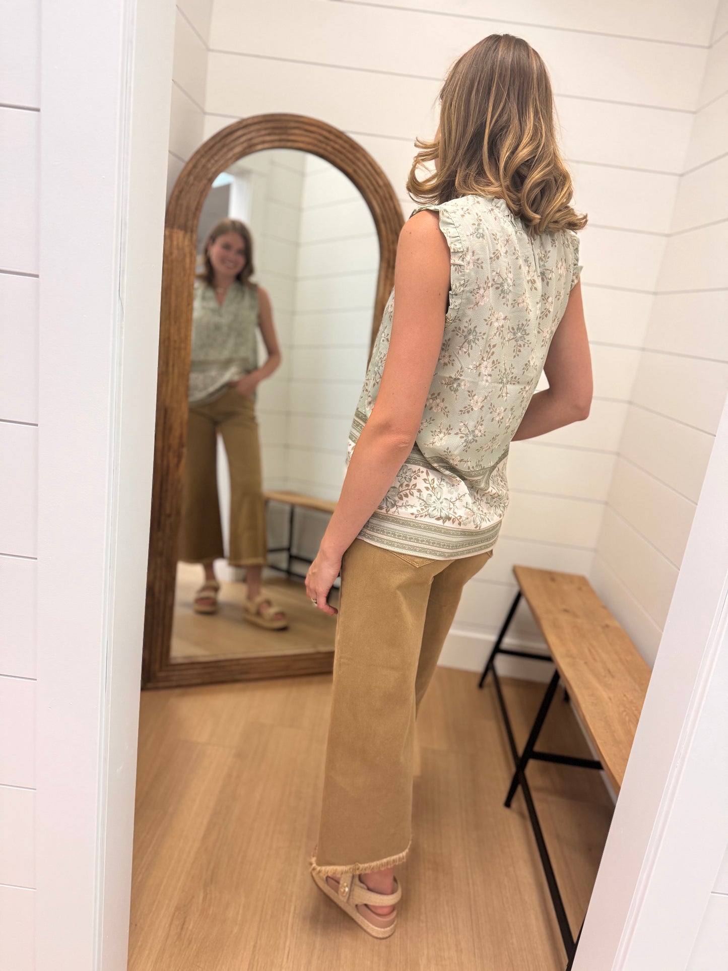 Split Neck Floral Top with Lettuce Trim