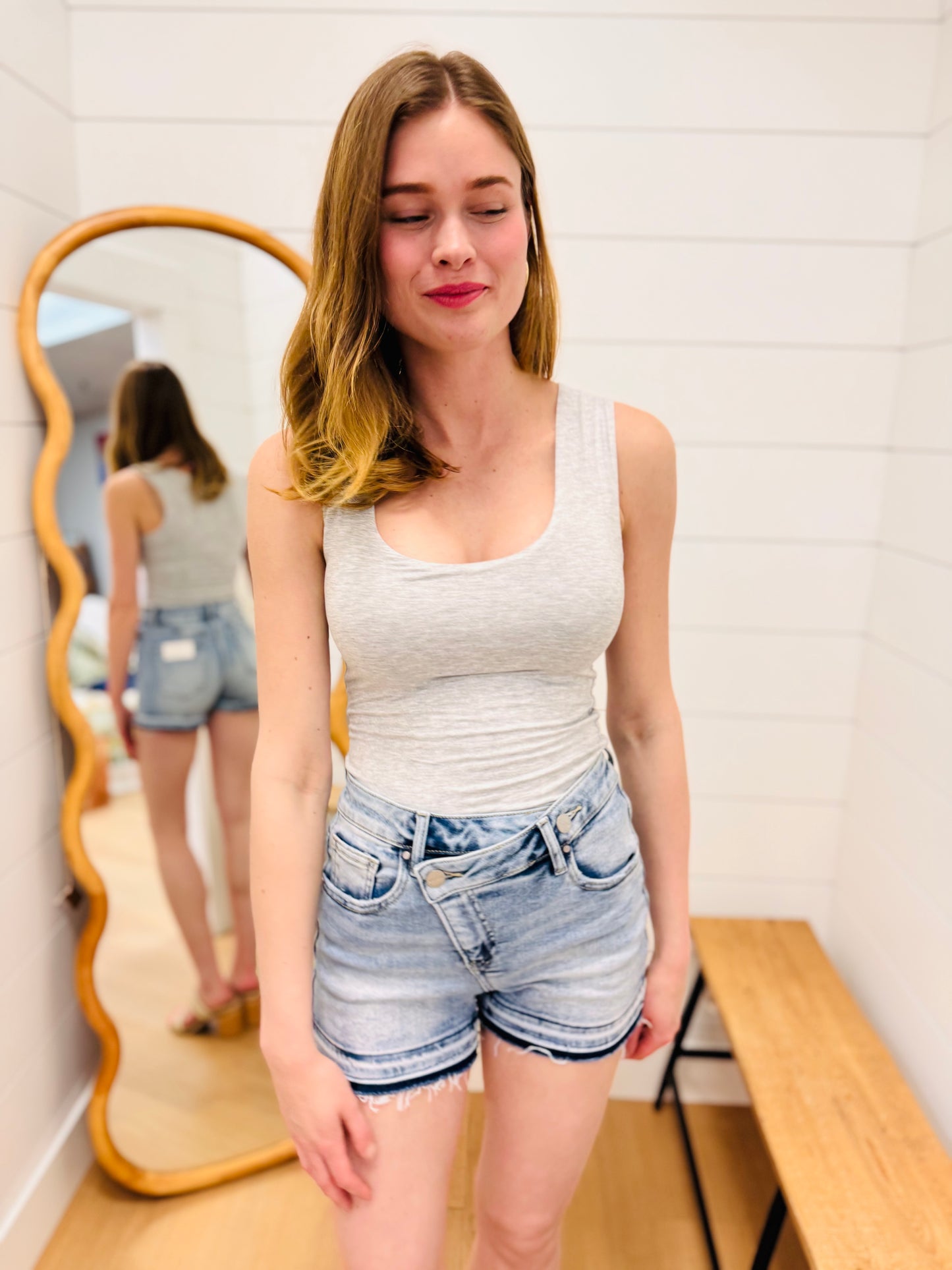 Crossover Waist Light Denim Shorts - RISEN