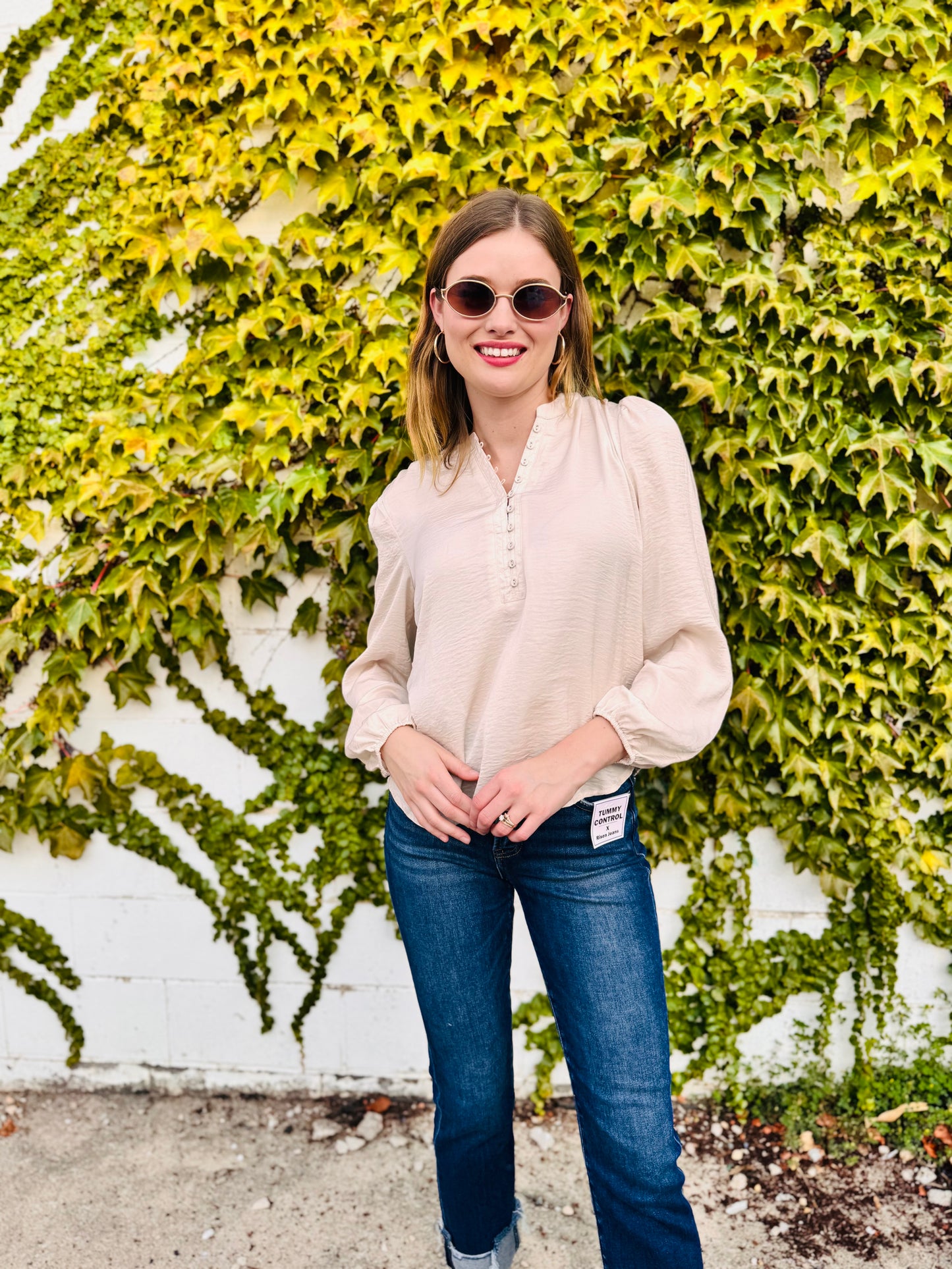 Textured Satin Half Button Long Sleeve Blouse