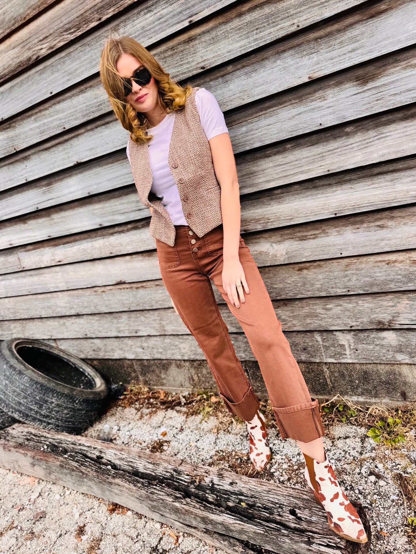 High Rise Wide Leg Front Patch Pocket Cuffed Pants