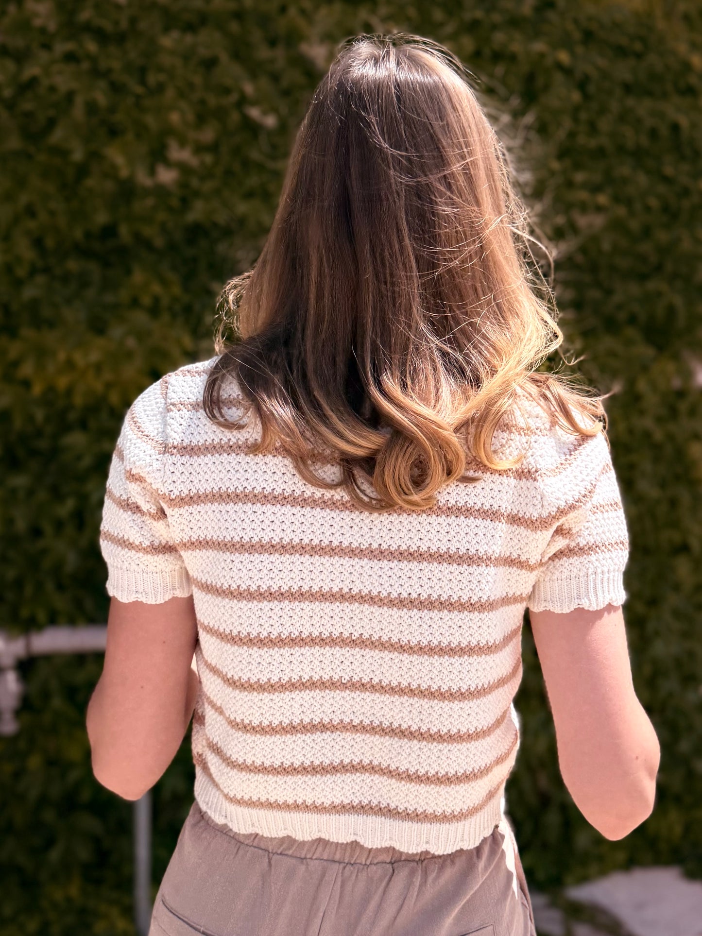 Striped Short Sleeve Cardigan With Scallop Edge