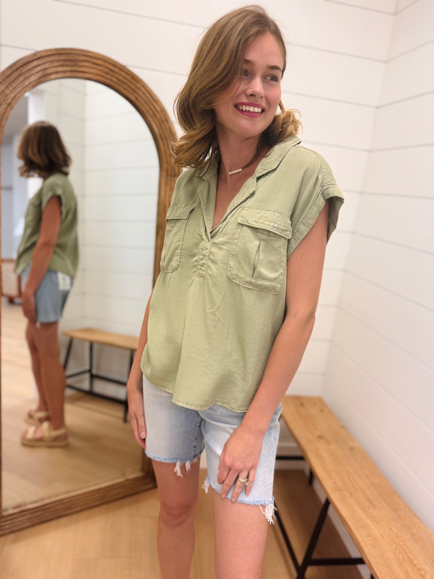 Olive Top with Front Pockets