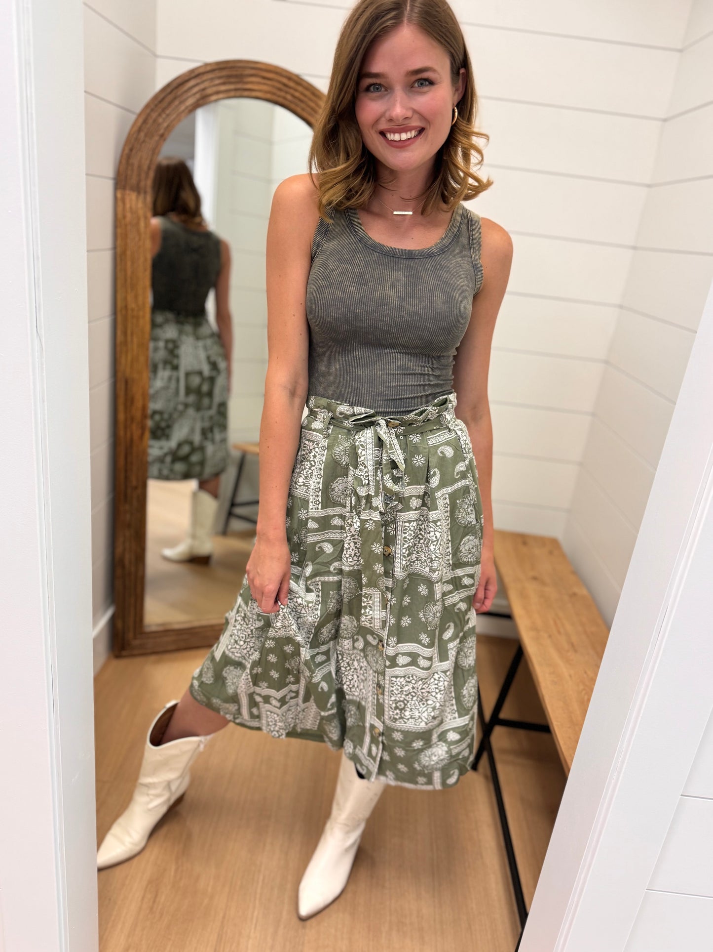 Olive Paisley Print Midi Skirt