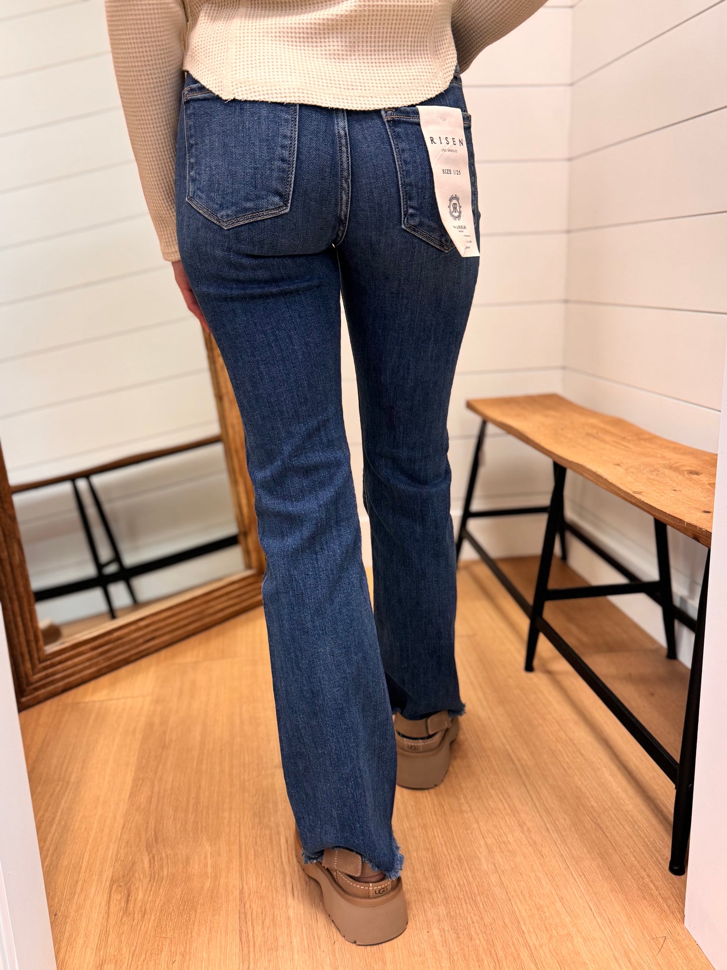 Mid Rise Bootcut Frayed Waistband Hem Detail Jeans