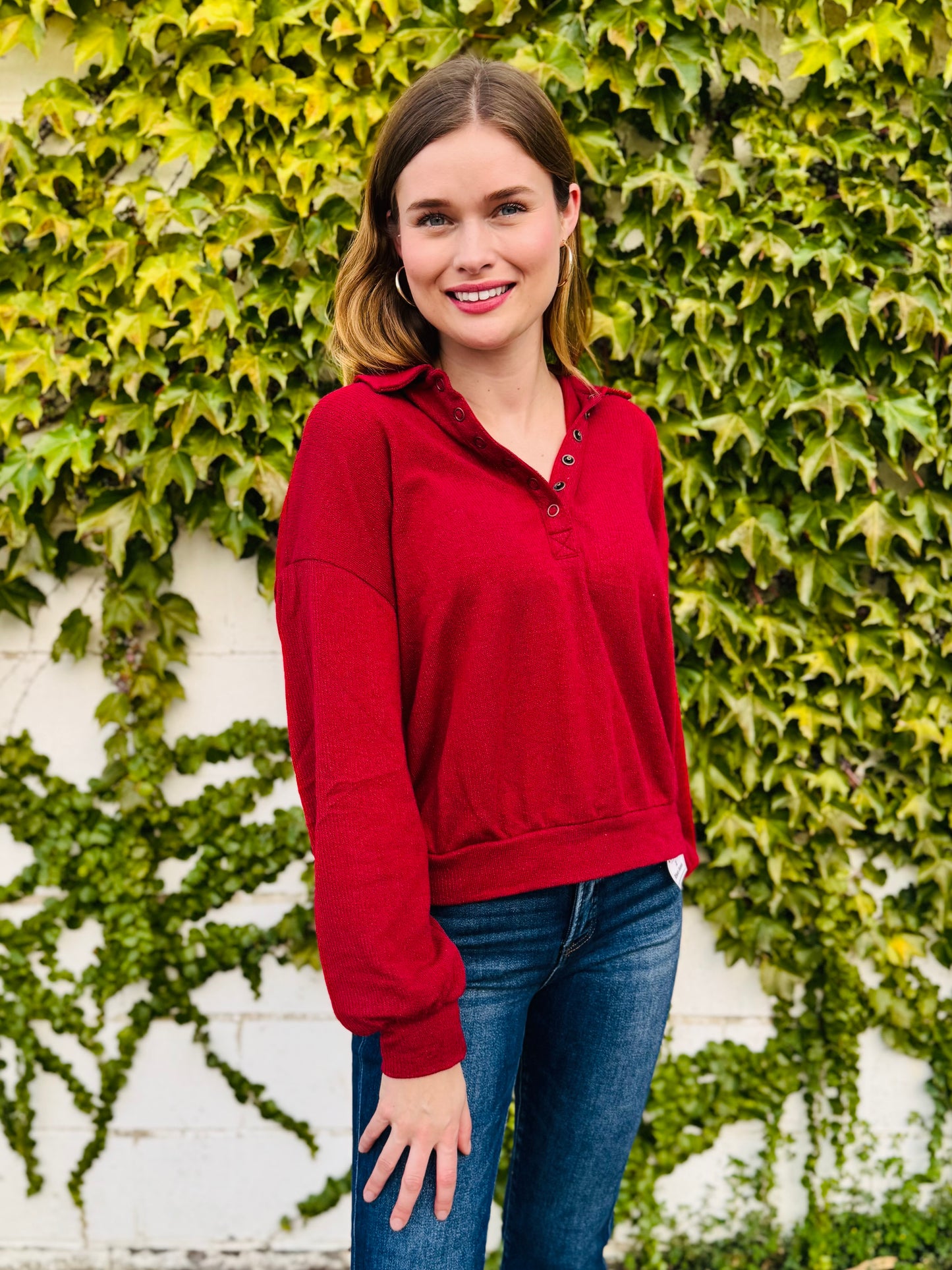 Collared Half Snap Button Long Sleeve Top